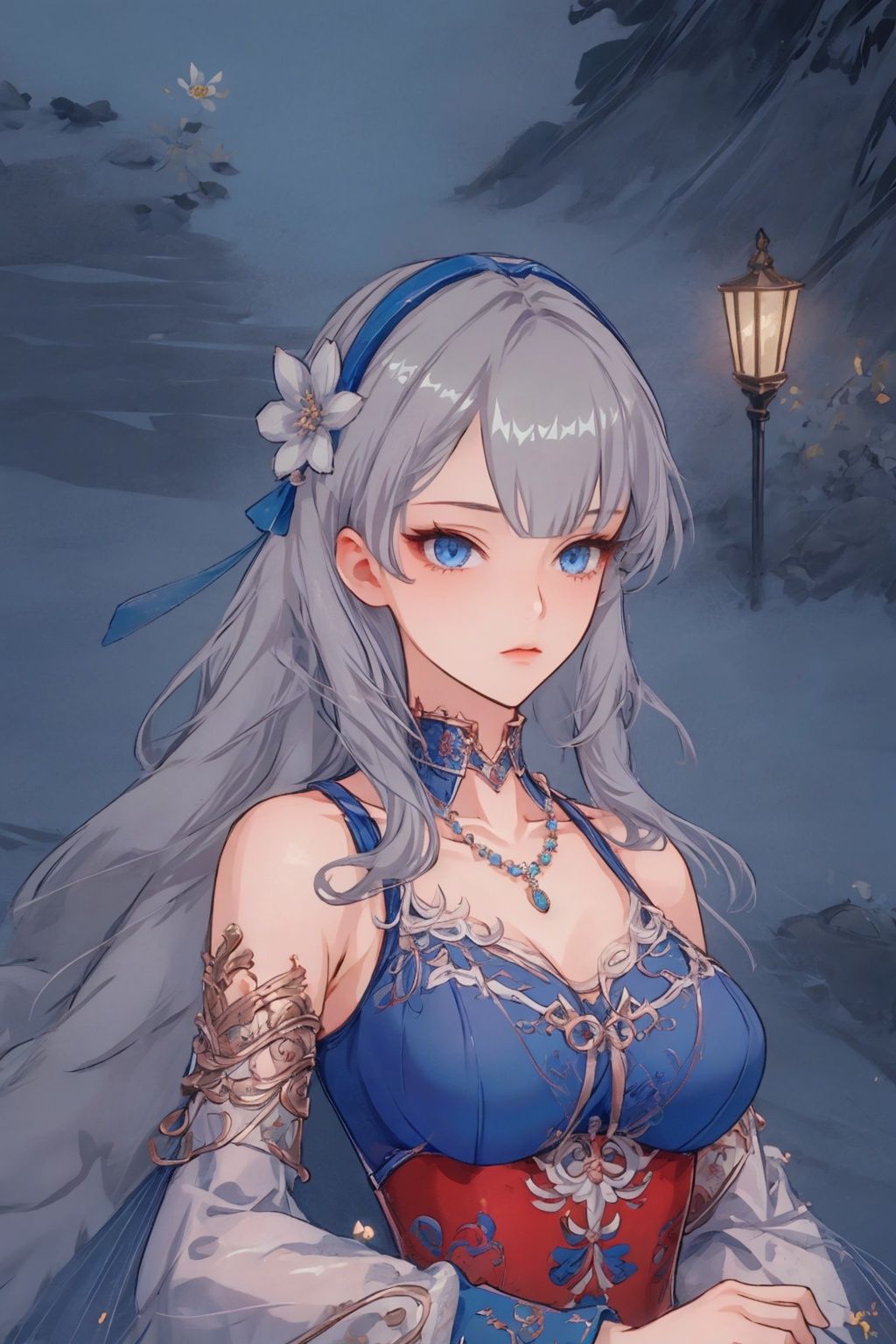 1girl, blue eyes, breasts, solo, long hair, grey hair, hair ornament, detached sleeves, flower, necklace, bangs,  jewelry, dress, hairband, medium breasts, bare shoulders, cleavage, feiounaXF,
(masterpiece:1.2), best quality, masterpiece, highres, original,ultra-detailed, illustration,extremely detailed wallpaper, perfect lighting,(extremely detailed CG:1.2), (alyss1*1.2), nanyinXF, zichun