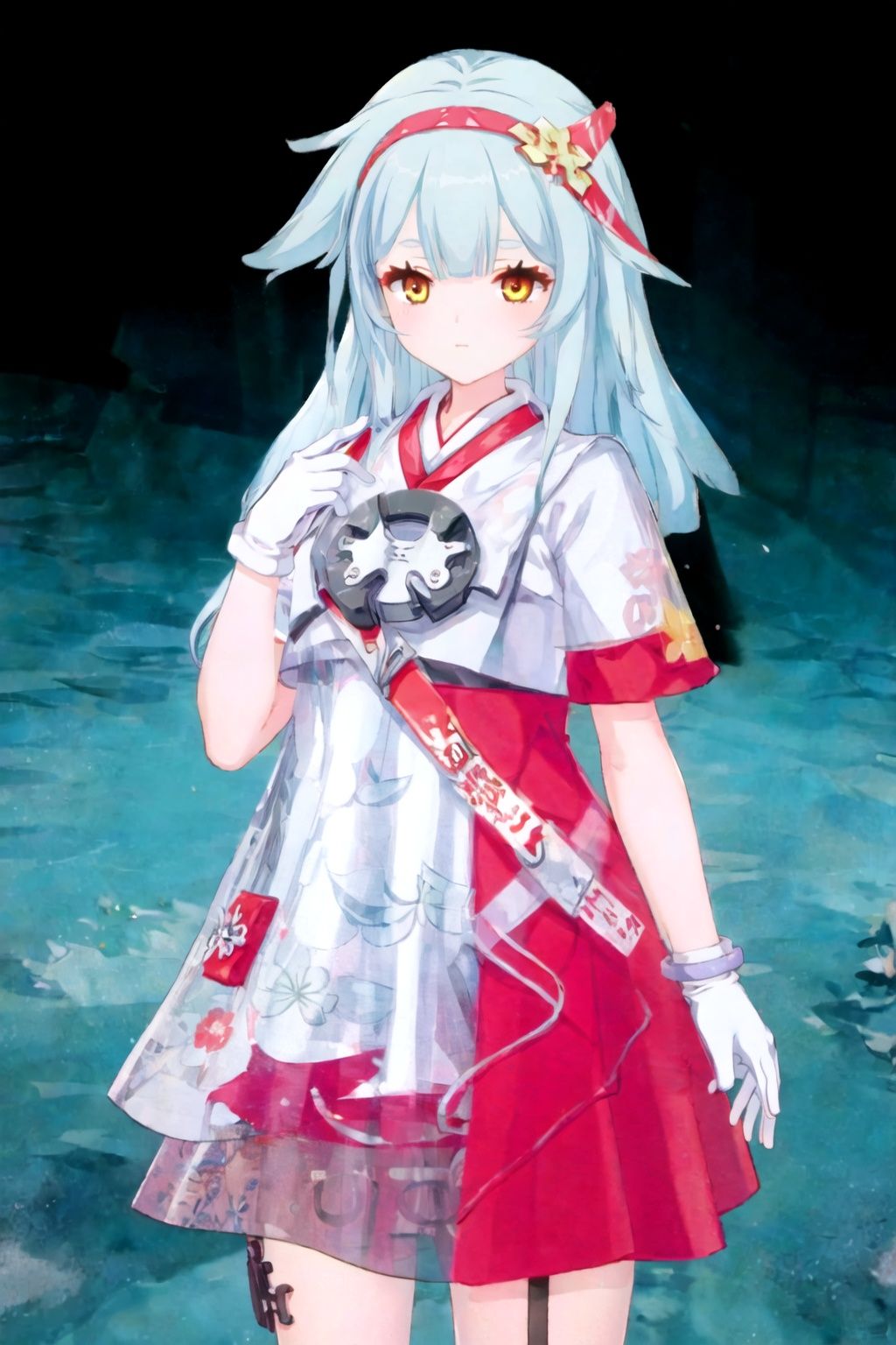 1girl, solo, long hair, gloves, elbow gloves, white gloves, jewelry, blue hair, see-through, looking at viewer, dress, bangs, bracelet, hairband, closed mouth, short sleeves, red hairband, see-through dress, hair ornament, yellow eyes,fenlierXF,
(masterpiece:1.2), best quality, masterpiece, highres, original,ultra-detailed, illustration,extremely detailed wallpaper, perfect lighting,(extremely detailed CG:1.2), (alyss1*1.2), nanyinXF, zichun