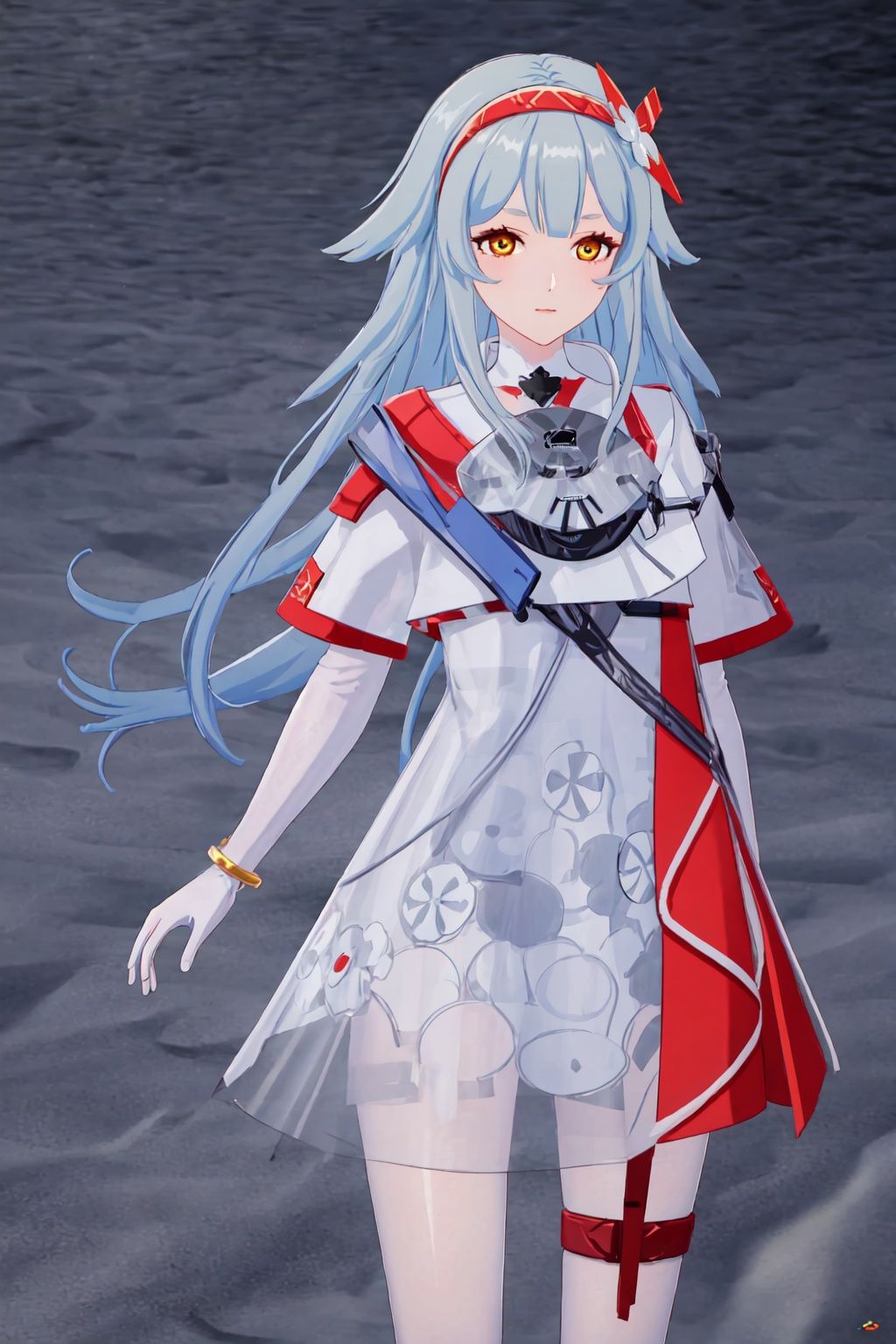 1girl, solo, long hair, gloves, elbow gloves, white gloves, jewelry, blue hair, see-through, looking at viewer, dress, bangs, bracelet, hairband, closed mouth, short sleeves, red hairband, see-through dress, hair ornament, yellow eyes,fenlierXF,
(masterpiece:1.2), best quality, masterpiece, highres, original,ultra-detailed, illustration,extremely detailed wallpaper, perfect lighting,(extremely detailed CG:1.2), (alyss1*1.2), nanyinXF, zichun