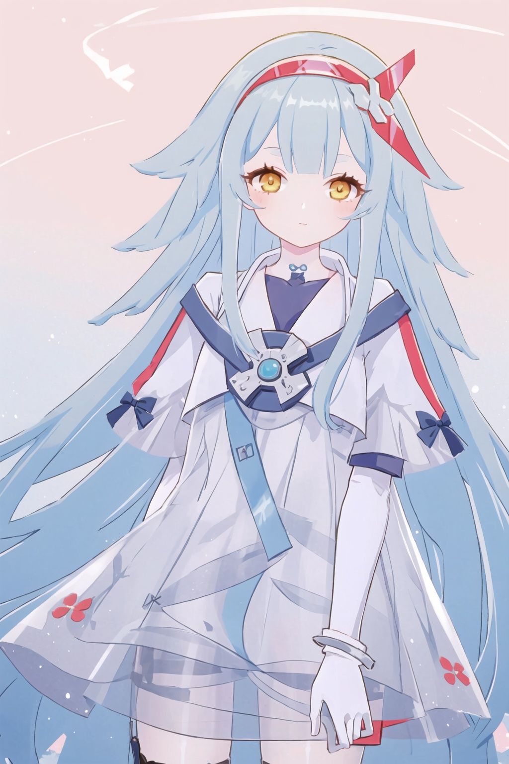 1girl, solo, long hair, gloves, elbow gloves, white gloves, jewelry, blue hair, see-through, looking at viewer, dress, bangs, bracelet, hairband, closed mouth, short sleeves, red hairband, see-through dress, hair ornament, yellow eyes,fenlierXF,
(masterpiece:1.2), best quality, masterpiece, highres, original,ultra-detailed, illustration,extremely detailed wallpaper, perfect lighting,(extremely detailed CG:1.2), (alyss1*1.2), nanyinXF, zichun