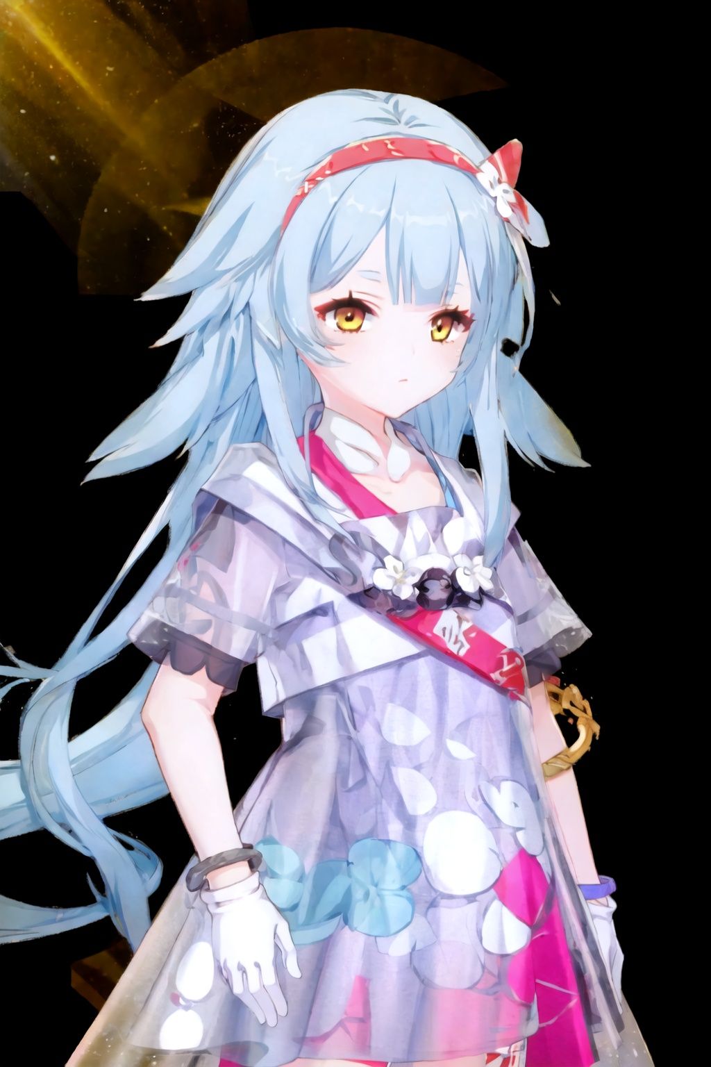 1girl, solo, long hair, gloves, elbow gloves, white gloves, jewelry, blue hair, see-through, looking at viewer, dress, bangs, bracelet, hairband, closed mouth, short sleeves, red hairband, see-through dress, hair ornament, yellow eyes,fenlierXF,
(masterpiece:1.2), best quality, masterpiece, highres, original,ultra-detailed, illustration,extremely detailed wallpaper, perfect lighting,(extremely detailed CG:1.2), (alyss1*1.2), nanyinXF, zichun