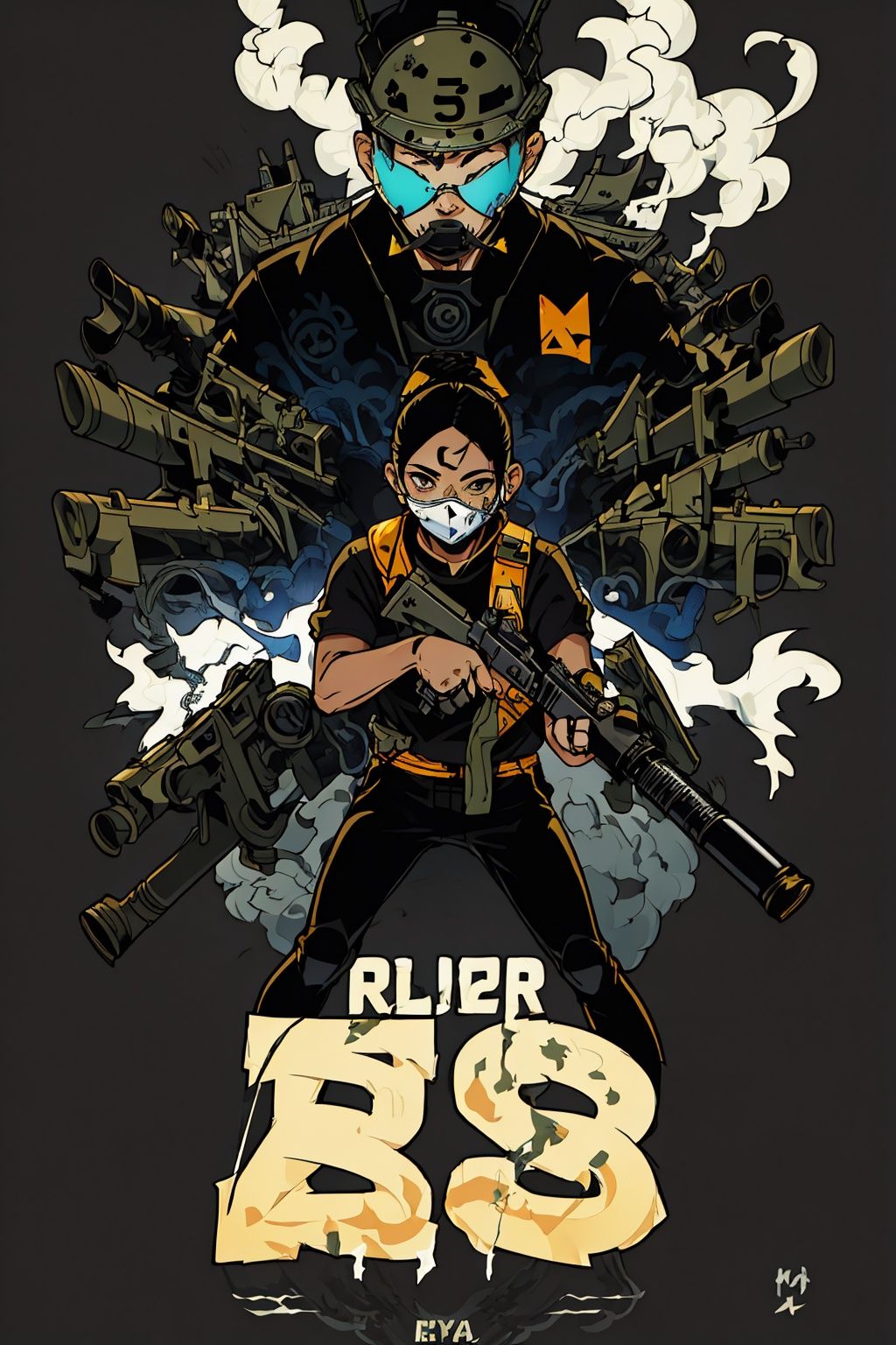 ((best quality)), ((masterpiece)),masterpiece,best quality,tuya, weapon, gun, 1boy, bandana, gloves, mask, male focus, dated, fingerless gloves, solo, military, holding, brown eyes, signature, camouflage, mouth mask, uniform, shell casing, explosive, helmet, holding weapon, pants, holding gun, military uniform, vest, shoes, rifle, looking at viewer, black gloves, camouflage pants, assault rifle, grenade,tuya