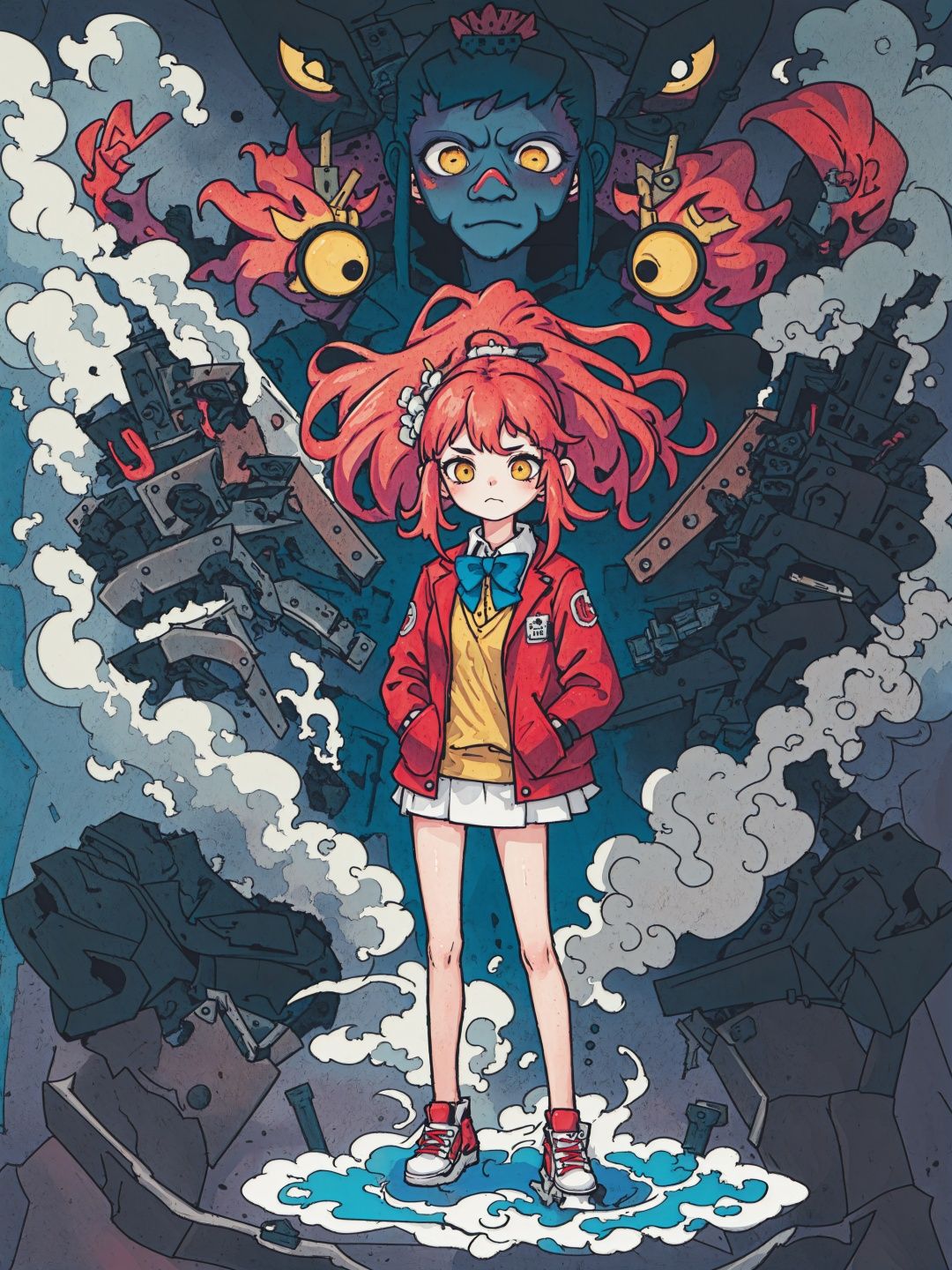  (best quality), ((masterpiece)), (highres),standing,original, extremely detailed wallpaper, (an extremely delicate and beautiful),(loli),(petite),Pink hair,Yellow eyes, (red Jacket),high ponytail,white collared shirt,hair flower,fipped hair,floating hair,Frown,hands in pockets,black dress,red bowtie,(solo),full body,standing,street,city,focused,solo, tuya