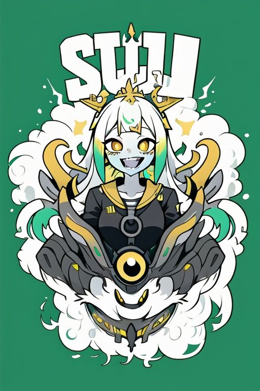  ((best quality)), ((masterpiece)),1girl, solo, long_hair, looking_at_viewer, smile, open_mouth, simple_background, yellow_eyes, upper_body, teeth, colored_skin, sharp_teeth, green_background, multicolored_eyes, ringed_eyes, yellow_sclera, colorful, horror_\(theme\),strong contrast,high level of detail,Best quality,masterpiece,tuya