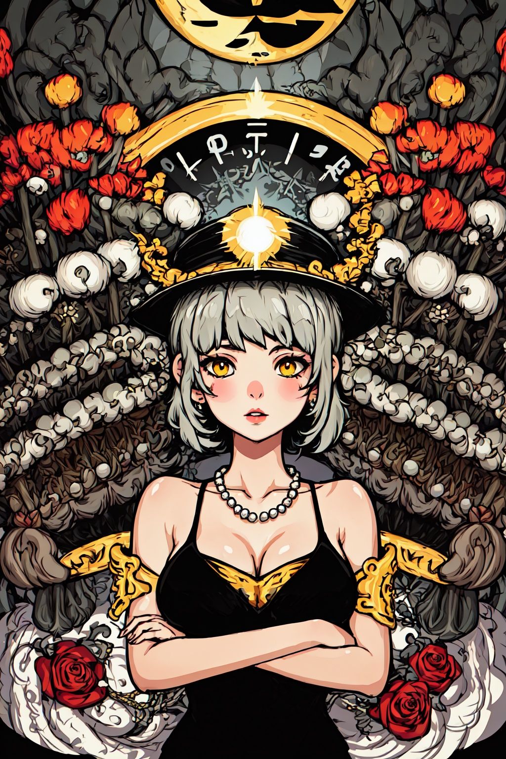 tuya,(masterpiece, 4k, best quality, highly detailed, 1girl, solo),1girl, jewelry, breasts, solo, hat, earrings, white headwear, black hair, cleavage, dress, necklace, looking at viewer, flower, white dress, black flower, short hair, black rose, upper body, parted lips, rose, bangs, collarbone, grey background, sun hat, medium breasts, yellow eyes, pearl necklace, large breasts, see-through, hair between eyes, brown eyes, hat flower, blush, midjourney, Colorful portraits