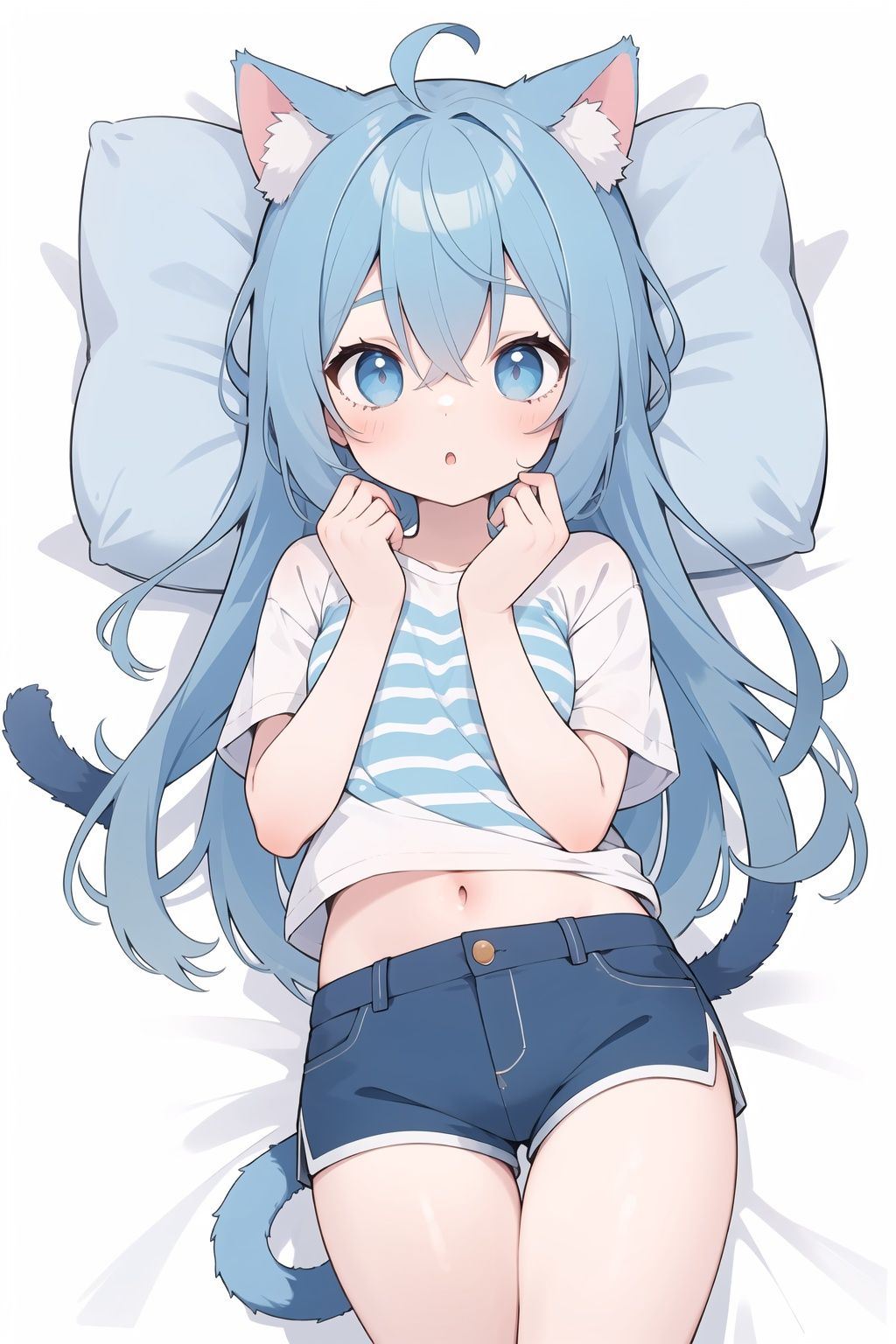 1girl, striped shorts, cat tail, stuffed cat, solo, shirt, blue hair, legs up, stuffed toy, blue eyes, cat ears, shorts, cat girl, stuffed animal, short shorts, animal ears, tail, bangs, lying, on back, white shirt, long hair, short sleeves, blue shorts, feet out of frame, looking at viewer, striped, hair between eyes, blush, parted lips, bed sheet, ass, :o, pillow, eyebrows hidden by hair
