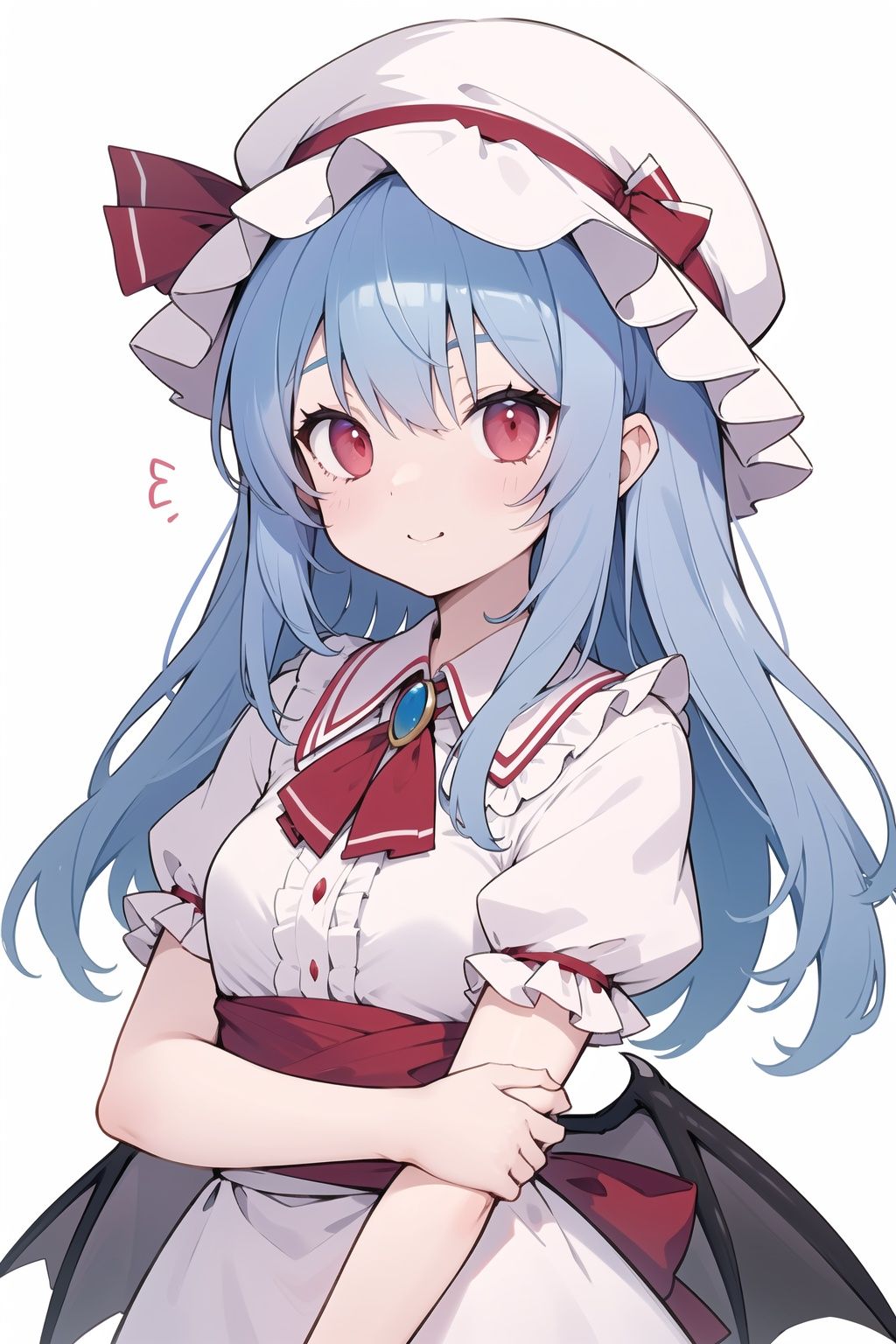  Remilia Scarlet, zun hat, extremely detailed lace, :), upper body, arms at sides, lace, Blue hair,