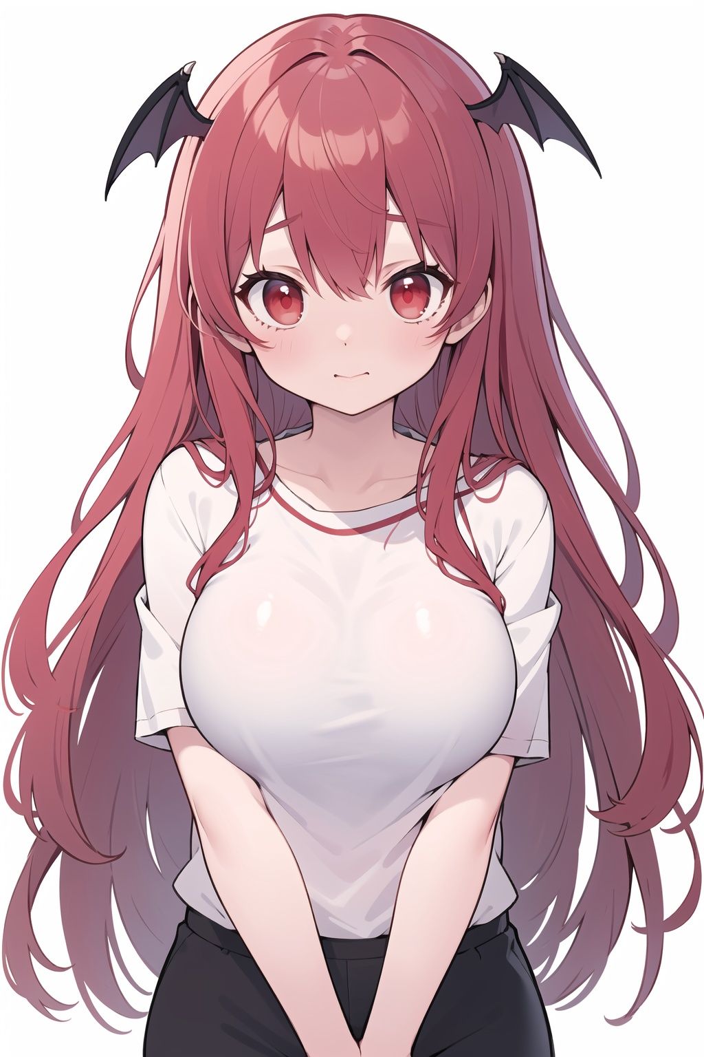  Koakuma, T-shirt, off shoulder, no legwear, upper body, arms at sides, large breasts, Red hair, red eyes, (Shy: 1.2),