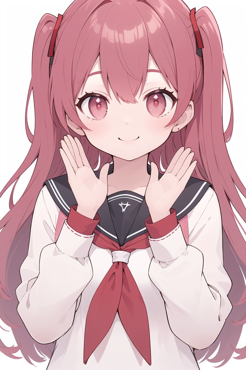  👋, simple background, white background, pentagram, pink eyes, red neckwear, red hair, hair over shoulder, long hair, asymmetrical hair, serafuku, sailor dress, upper body, smile, seductive smile