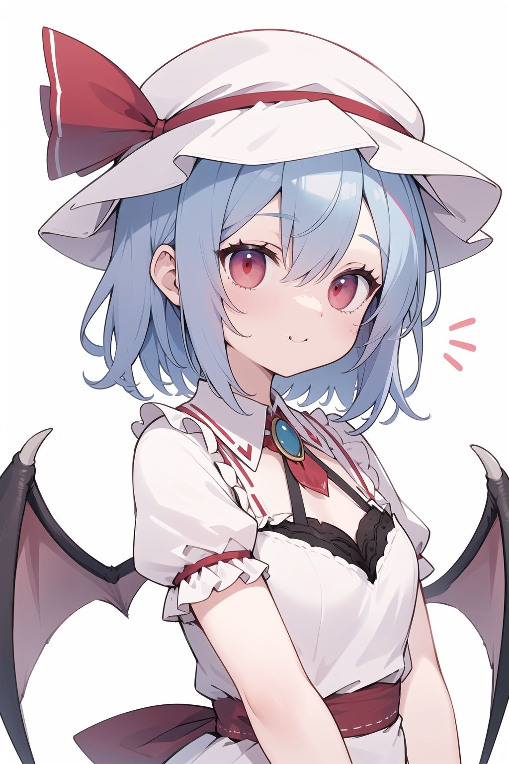  Remilia Scarlet, zun hat, extremely detailed lace, :), upper body, arms at sides, lace, Blue hair,