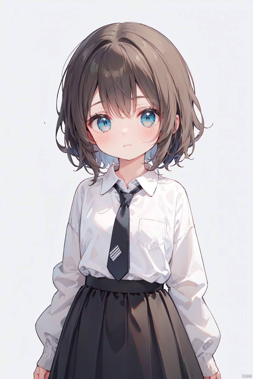 1girl, bangs, black_necktie, black_skirt, collared_shirt, green_necktie, grey_background, light_brown_hair, long_sleeves, looking_at_viewer, nail_polish, necktie, parted_lips, pleated_skirt, shirt, short_hair, simple_background, skirt, solo, standing, sweater, white_shirt, wing_collar