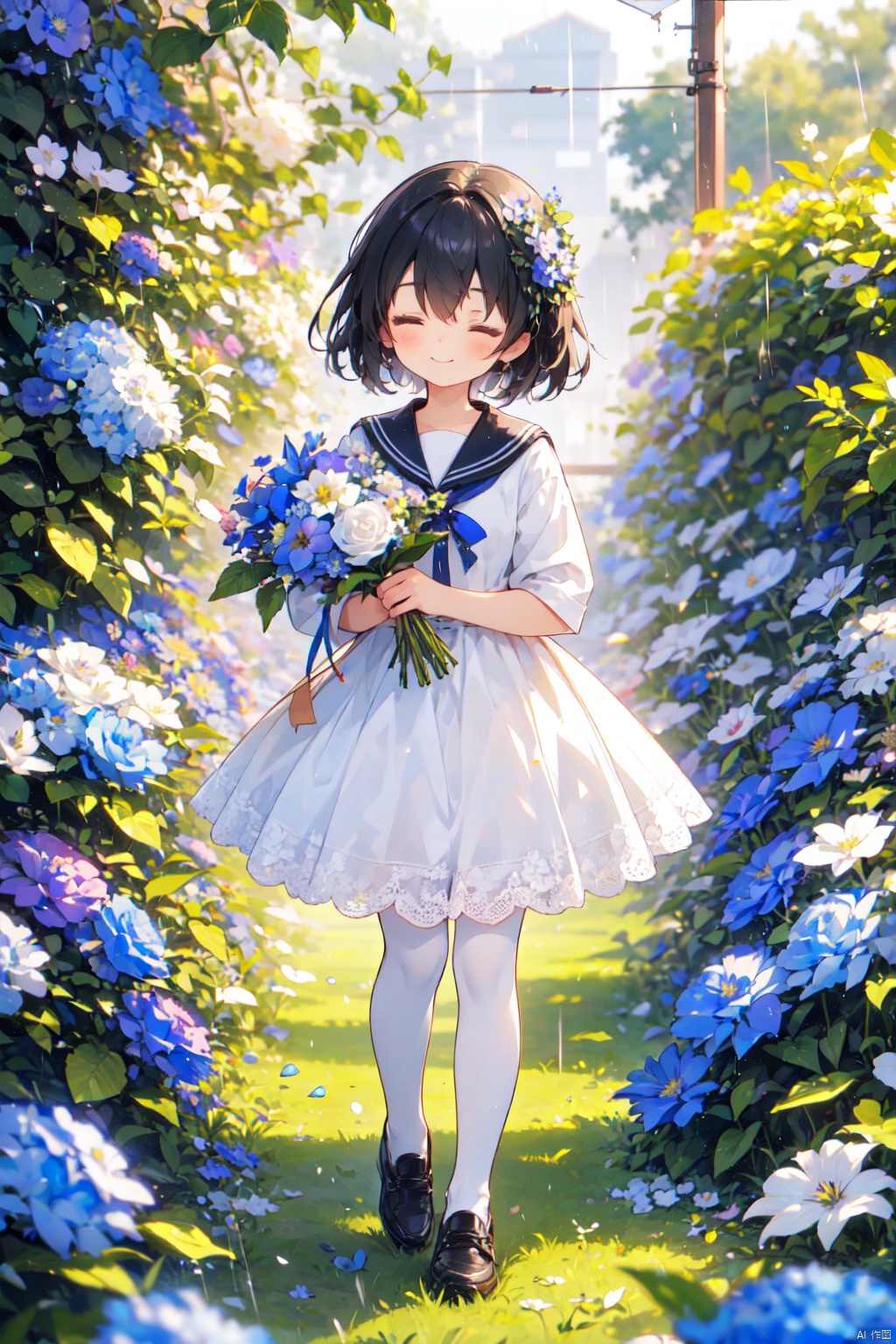 1girl, black_hair, blue_flower, blue_rose, bouquet, closed_eyes, dress, flower, flower_pot, full_body, grass, holding, holding_bouquet, holding_flower, hydrangea, leaf, lily_\(flower\), morning_glory, outdoors, plant, potted_plant, purple_flower, rain, sailor_collar, shoes, short_hair, smile, socks, solo, standing, white_legwear