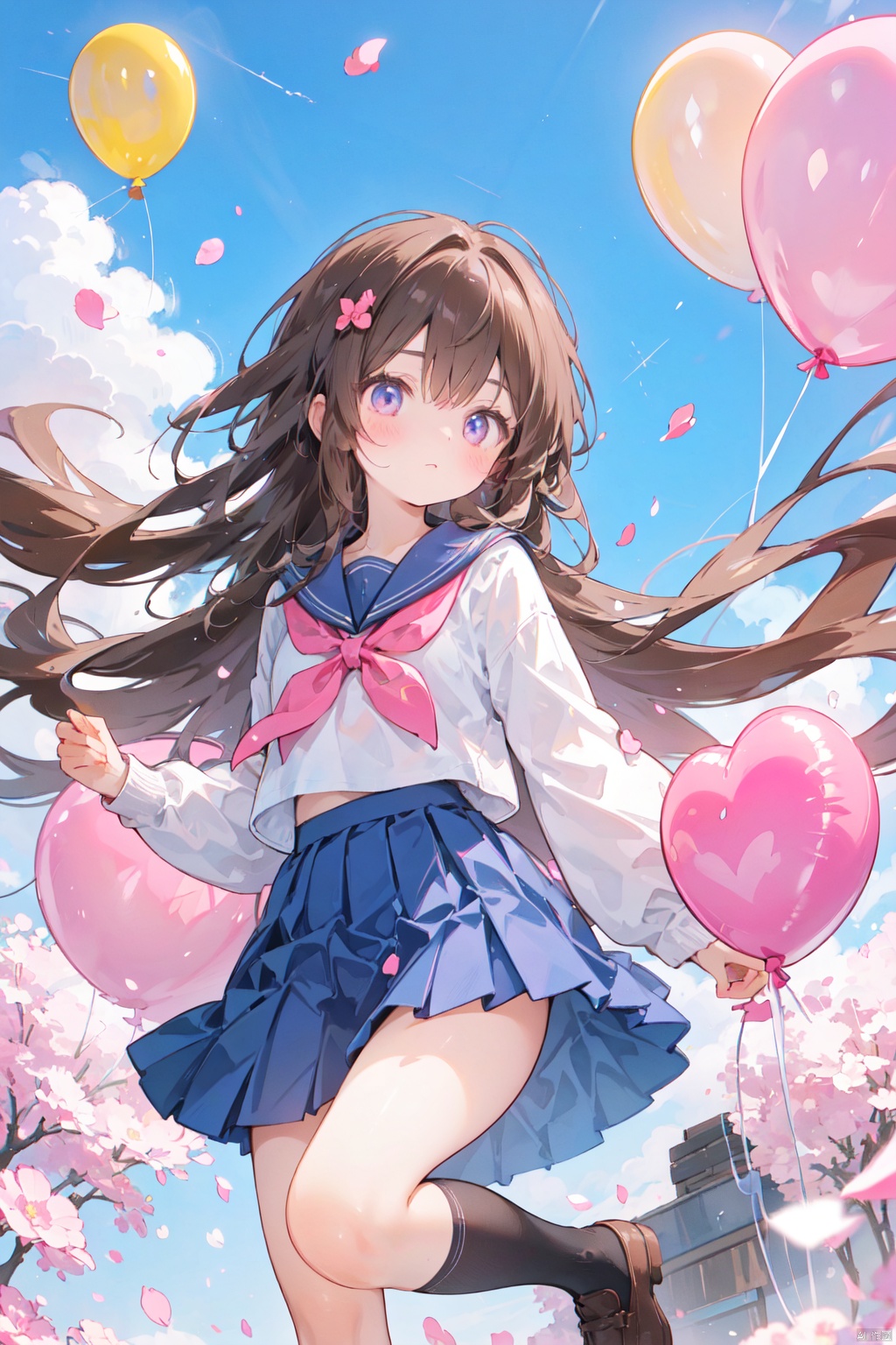  1girl, balloon, brown_footwear, brown_hair, cherry_blossoms, cloud, confetti, falling_petals, heart, heart_balloon, holding, kneehighs, long_hair, petals, petals_on_liquid, pink_eyes, pink_skirt, pleated_skirt, rose_petals, school_uniform, serafuku, shirt, shoes, skirt, sky, socks, solo, wand, white_shirt