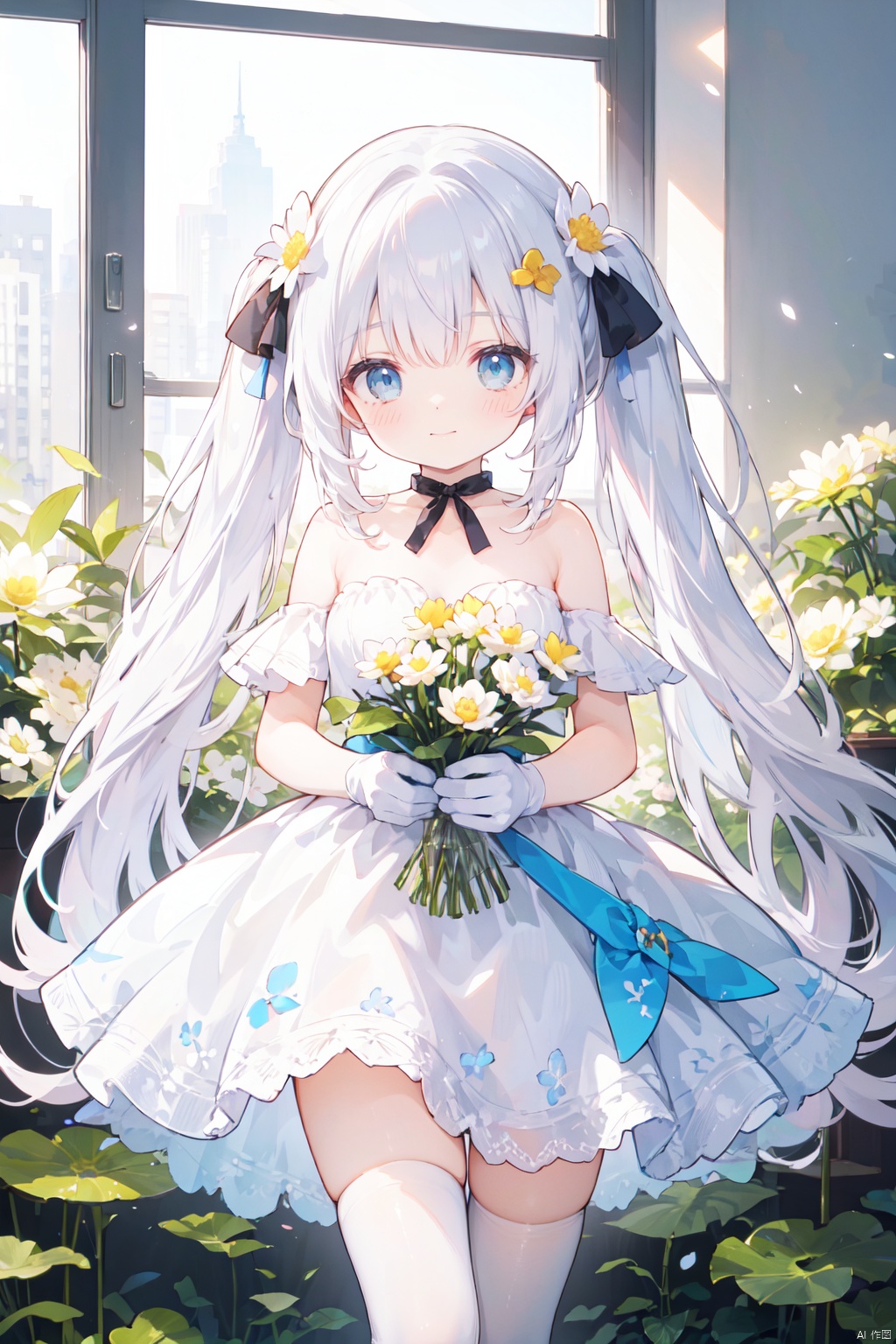 1girl, bangs, bare_shoulders, blue_dress, bouquet, breasts, character_name, cleavage, closed_mouth, daisy, dress, eyebrows_visible_through_hair, floral_background, flower, gloves, green_eyes, hair_ornament, hk416_\(girls'_frontline\), holding_bouquet, holding_flower, lily_\(flower\), lily_of_the_valley, lily_pad, long_hair, looking_at_viewer, lotus, low_twintails, mole, multi-tied_hair, ribbon, smile, solo, strapless_dress, thighhighs, vase, very_long_hair, white_flower, white_rose