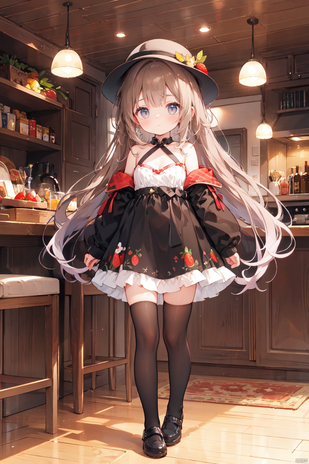 loli,petite,1girl, bangs, black_legwear, blush, breasts, brown_hair, chocolate, cleavage, cleavage_cutout, clothing_cutout, dress, earrings, food, fruit, full_body, hat, heart, kneehighs, long_hair, long_sleeves, looking_at_viewer, medium_breasts, red_eyes, shoes, sleeves_past_wrists, solo, standing, strawberry