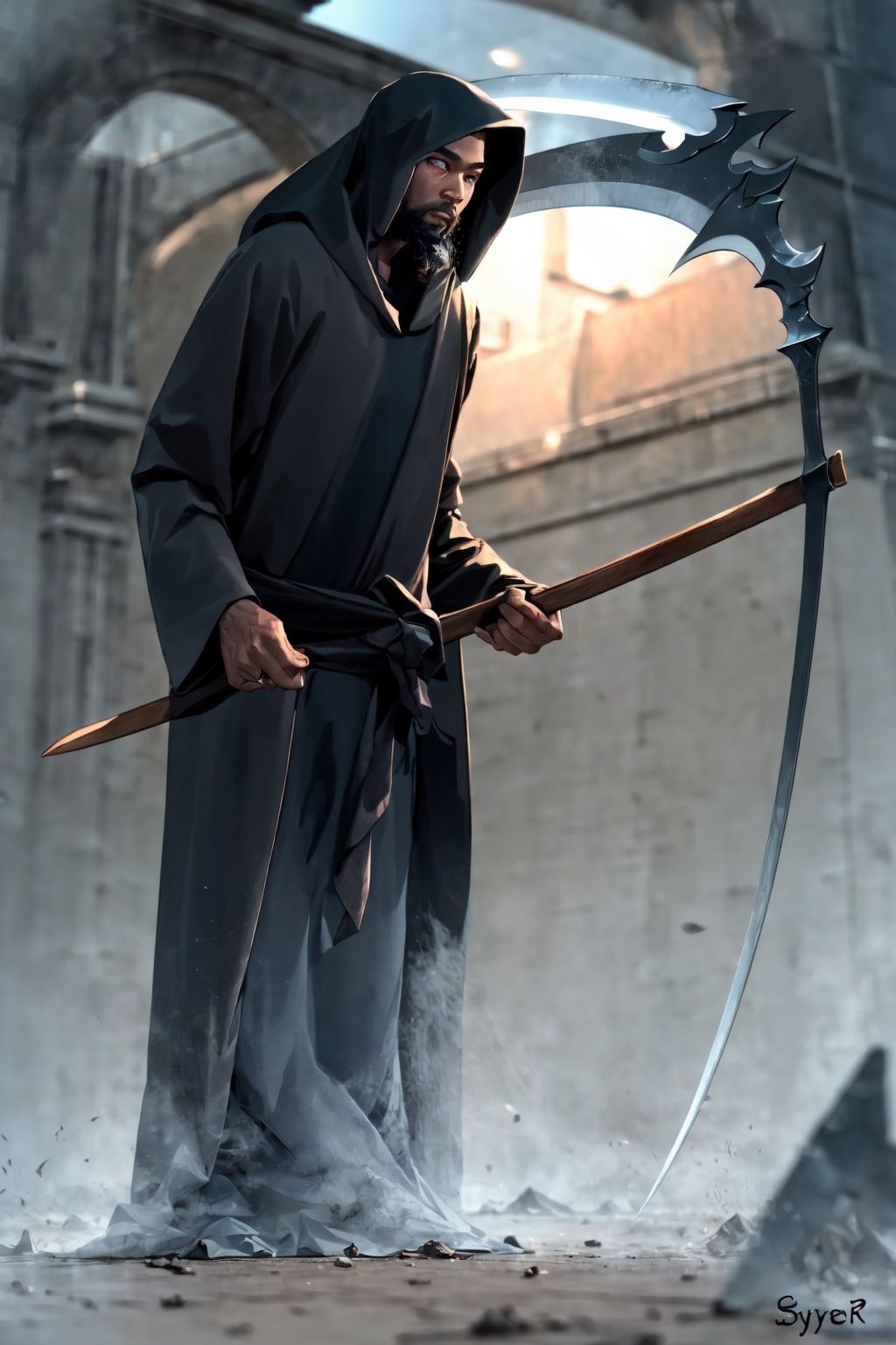(masterpiece:1.2), best quality, Death Durant,scythe, 1boy, male focus, hood, solo, facial hair, robe, black robe, dark skin, holding, beard, black hair, dark-skinned male, jewelry <lora:Death Durant_20231101213836:1>