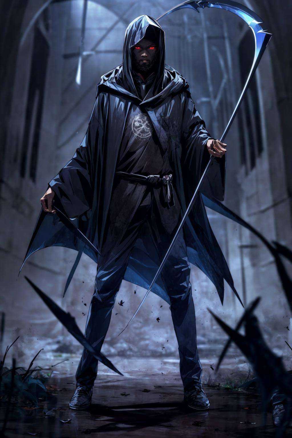 (masterpiece:1.2), best quality, Death Durant,glowing eyes,,hood,death,（scythe：1.2）<lora:Death Durant_20231101213836-000018:1>  <lora:add_detail:0.5>