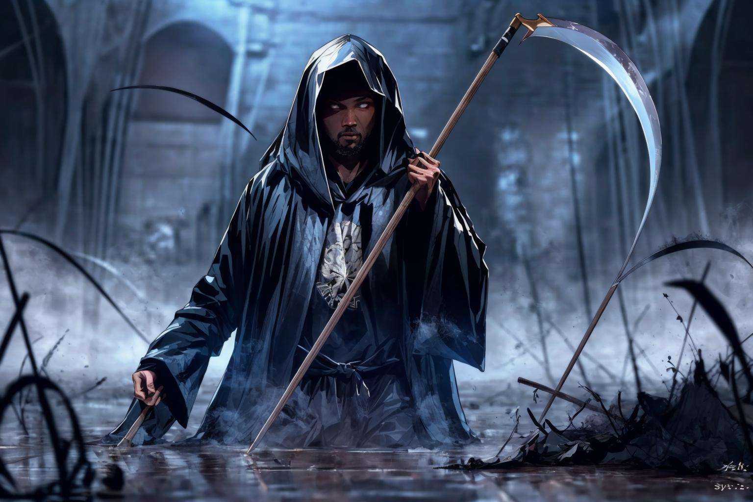 (masterpiece:1.2), best quality, Death Durant,upper body,,hood,death,（scythe：1.2）,night,forest<lora:Death Durant_20231101213836-000018:1>  <lora:add_detail:0.5>