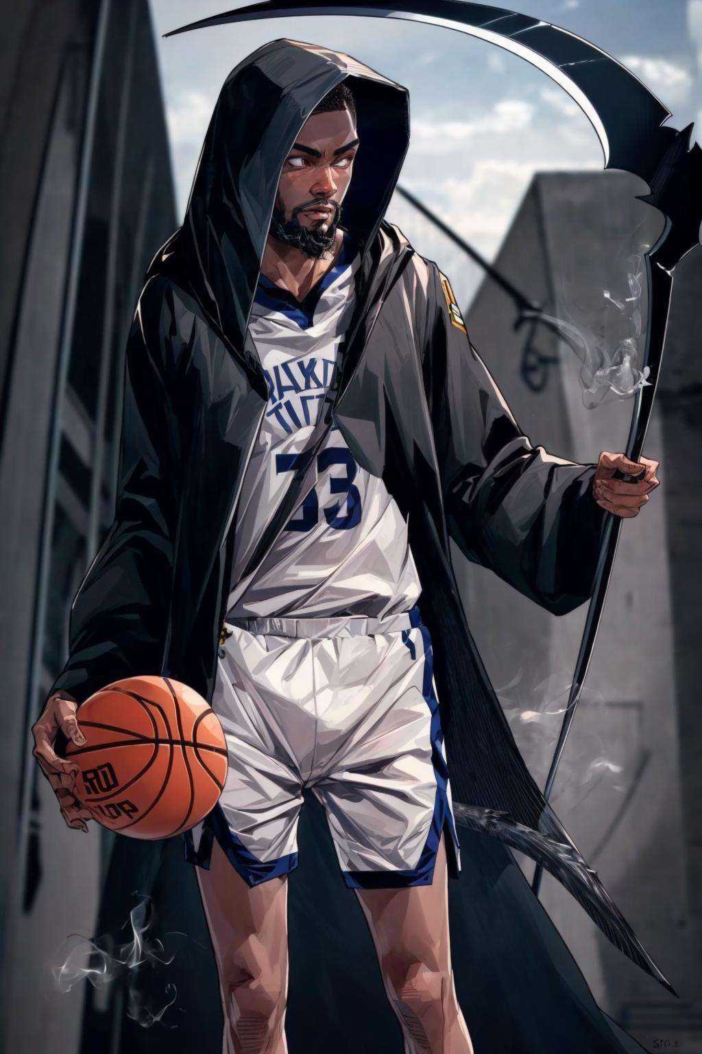 (masterpiece:1.2), best quality, Death Durant,glowing eyes,1boy, male focus, solo, dark skin, facial hair, dark-skinned male, sportswear, bald, basketball uniform, beard, shorts, black hair, smoke,hood,death,（scythe：1.2）<lora:Death Durant_20231101213836-000018:1>  <lora:add_detail:0.5>