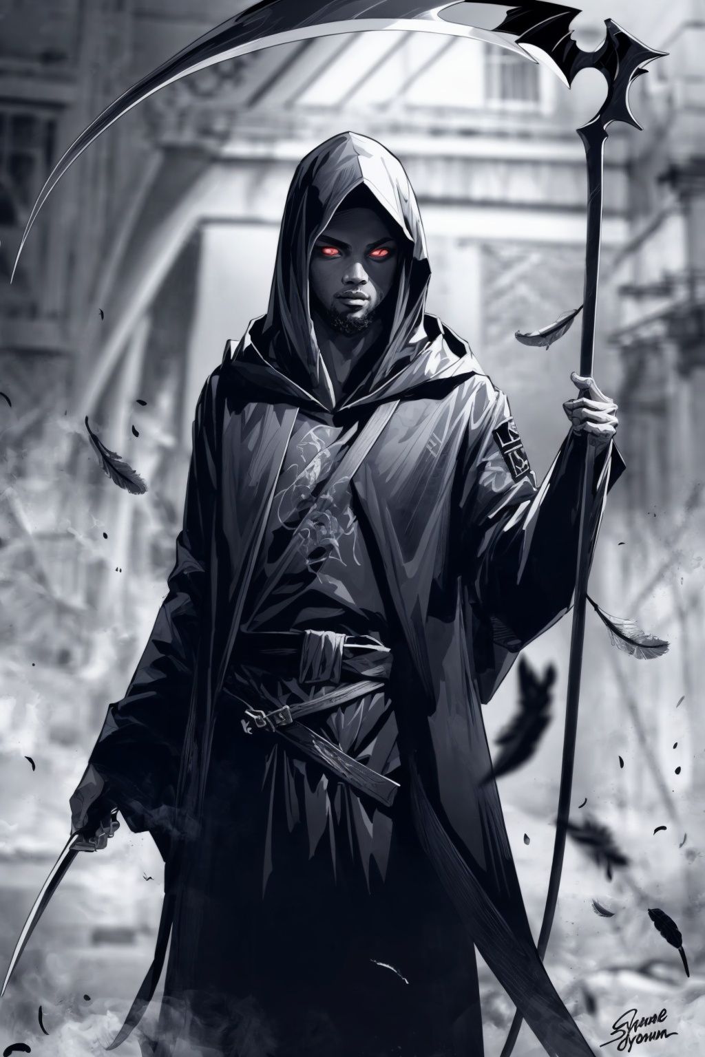 (masterpiece:1.2), best quality, Death Durant,glowing eyes,feathers, monochrome, greyscale, solo, scythe, holding, 1boy, male focus, hood, jacket, hood up, belt, pants, holding scythe, open clothes, signature, weapon<lora:Death Durant_20231101213836-000018:1>  <lora:add_detail:0.5>