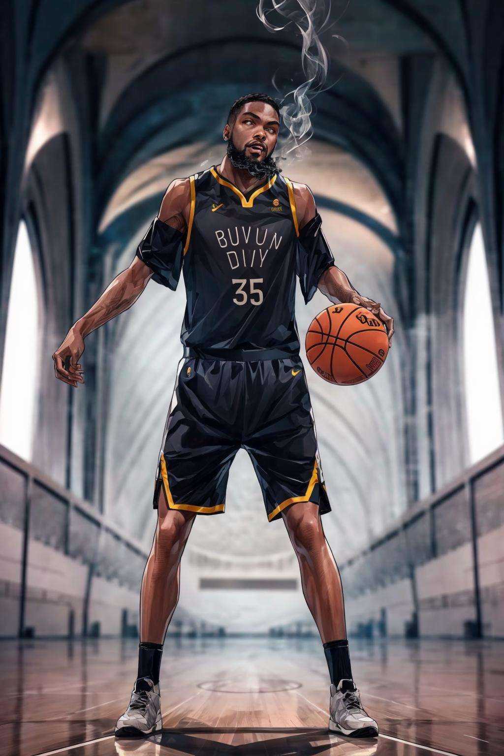 (masterpiece:1.2), best quality, Death Durant,glowing eyes,1boy, male focus, solo, dark skin, facial hair, dark-skinned male, sportswear, bald, basketball uniform, beard, shorts, black hair, smoke<lora:Death Durant_20231101213836-000018:1>  <lora:add_detail:0.5>