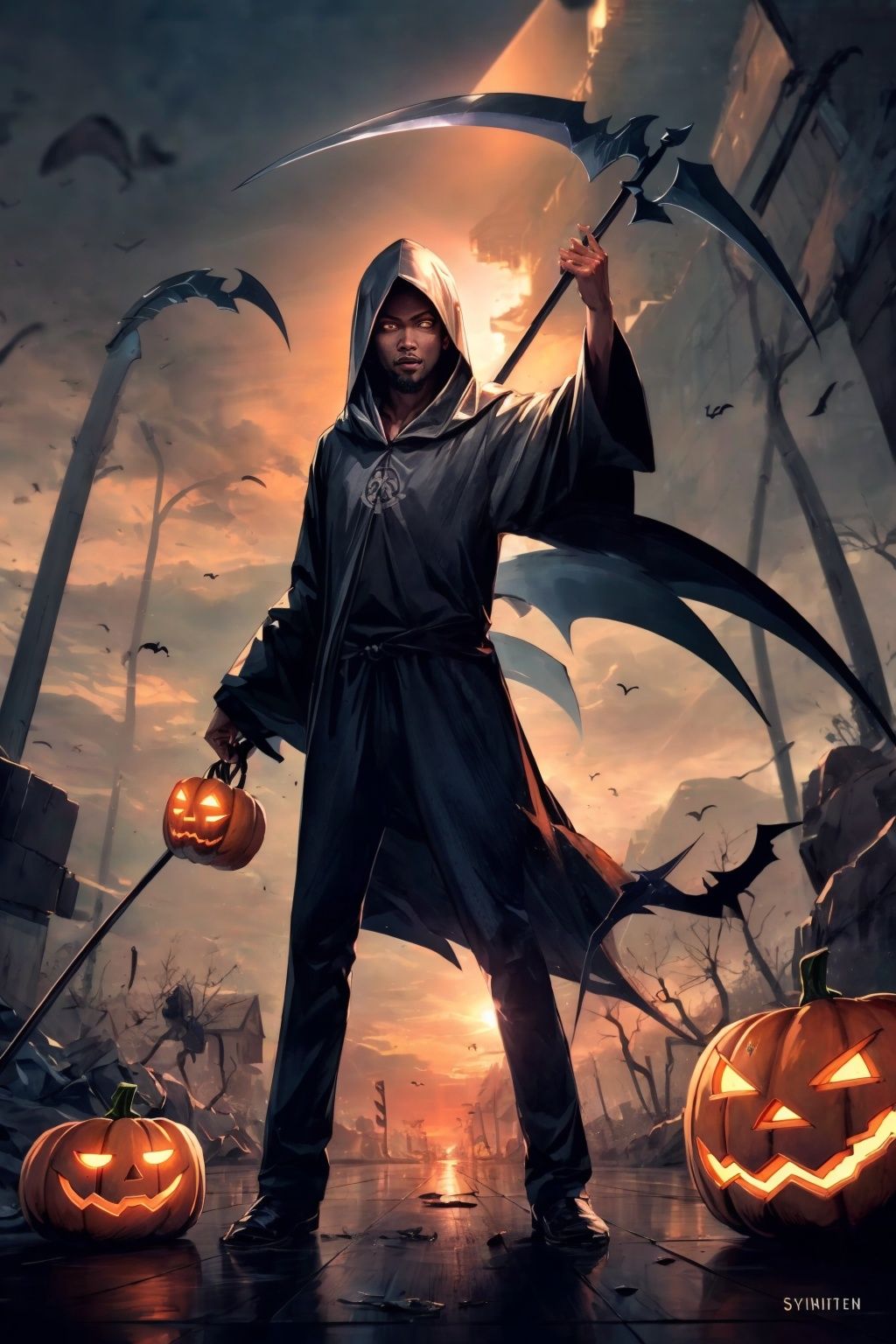 (masterpiece:1.2), best quality, Death Durant,glowing eyes,solo, scythe, male focus, 1boy, jack-o'-lantern, pumpkin, halloween, tree, hood, nature, forest<lora:Death Durant_20231101213836-000018:1>  <lora:add_detail:0.5>