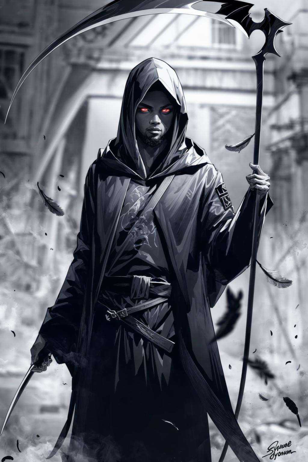 (masterpiece:1.2), best quality, Death Durant,glowing eyes,feathers, monochrome, greyscale, solo, scythe, holding, 1boy, male focus, hood, jacket, hood up, belt, pants, holding scythe, open clothes, signature, weapon<lora:Death Durant_20231101213836-000018:1>  <lora:add_detail:0.5>