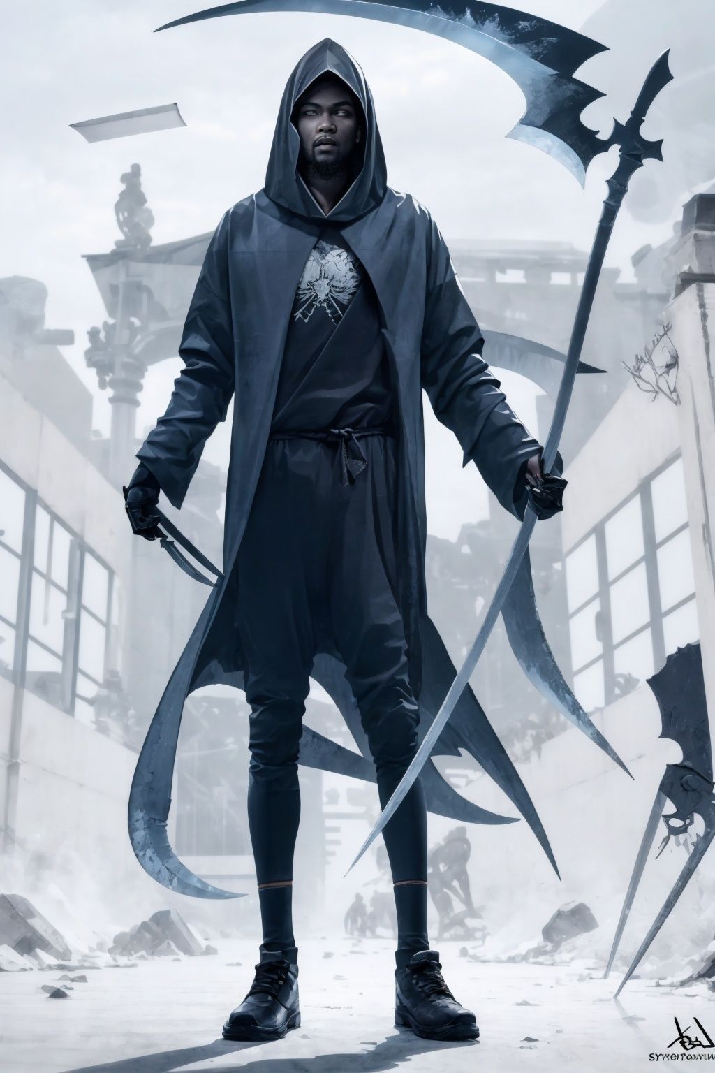 (masterpiece:1.2), best quality, Death Durant,scythe, 1boy, solo, male focus, hood, basketball, weapon, holding, glowing eyes, glowing, clothes writing<lora:Death Durant_20231101213836-000018:1>