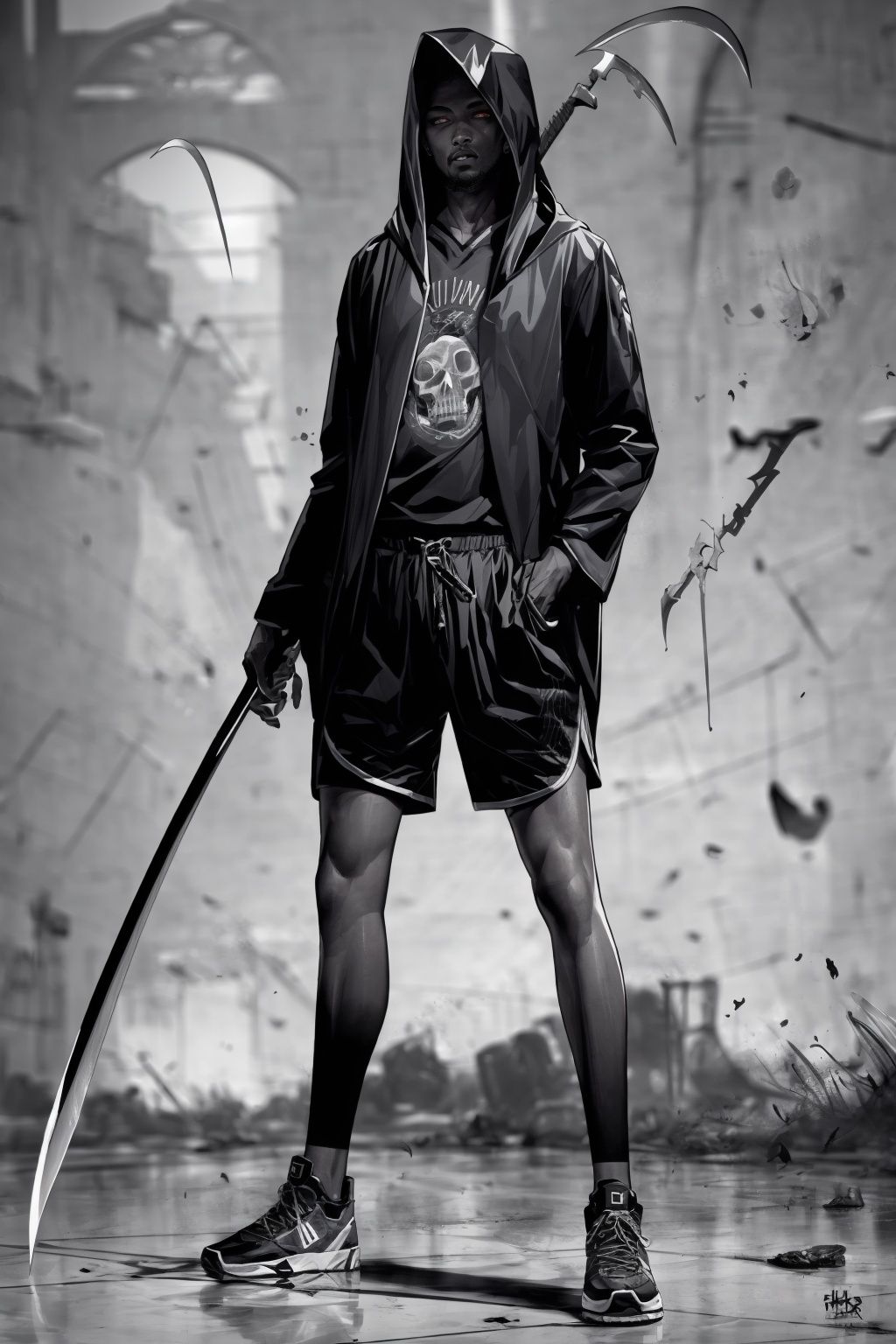 (masterpiece:1.2), best quality, Death Durant,glowing eyes,, hood, holding, greyscale, sneakers, shorts, shoes, weapon, 1boy, hood up, scythe, male focus, horror (theme), realistic, holding weapon, skeleton, looking at viewer, standing, jewelry<lora:Death Durant_20231101213836-000018:1>  <lora:add_detail:0.5>