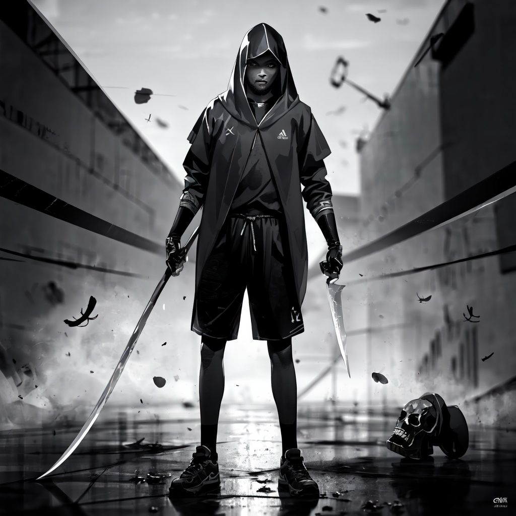 (masterpiece:1.2), best quality, Death Durant,glowing eyes,, hood, holding, greyscale, sneakers, shorts, shoes, weapon, 1boy, hood up, scythe, male focus, horror (theme), realistic, holding weapon, skeleton, looking at viewer, standing, jewelry<lora:Death Durant_20231101213836-000018:1> 