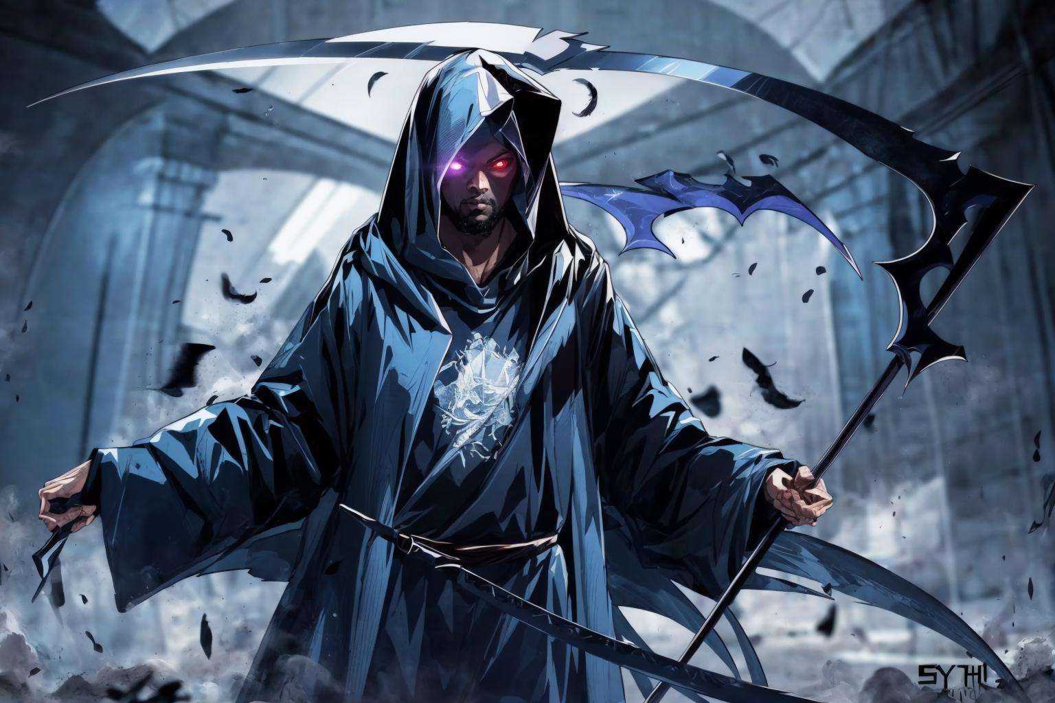 (masterpiece:1.2), best quality, Death Durant,glowing eyes,upper body,,hood,death,（scythe：1.2）<lora:Death Durant_20231101213836-000018:1>  <lora:add_detail:0.5>