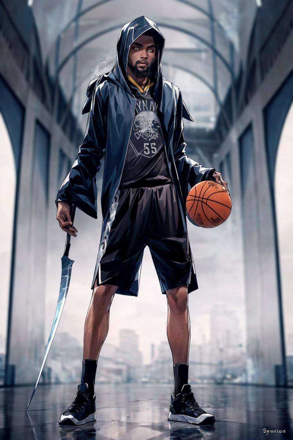 (masterpiece:1.2), best quality, Death Durant,glowing eyes,1boy, male focus, solo, dark skin, facial hair, dark-skinned male, sportswear, bald, basketball uniform, beard, shorts, black hair, smoke,hood,death,scythe<lora:Death Durant_20231101213836-000018:1>  <lora:add_detail:0.5>