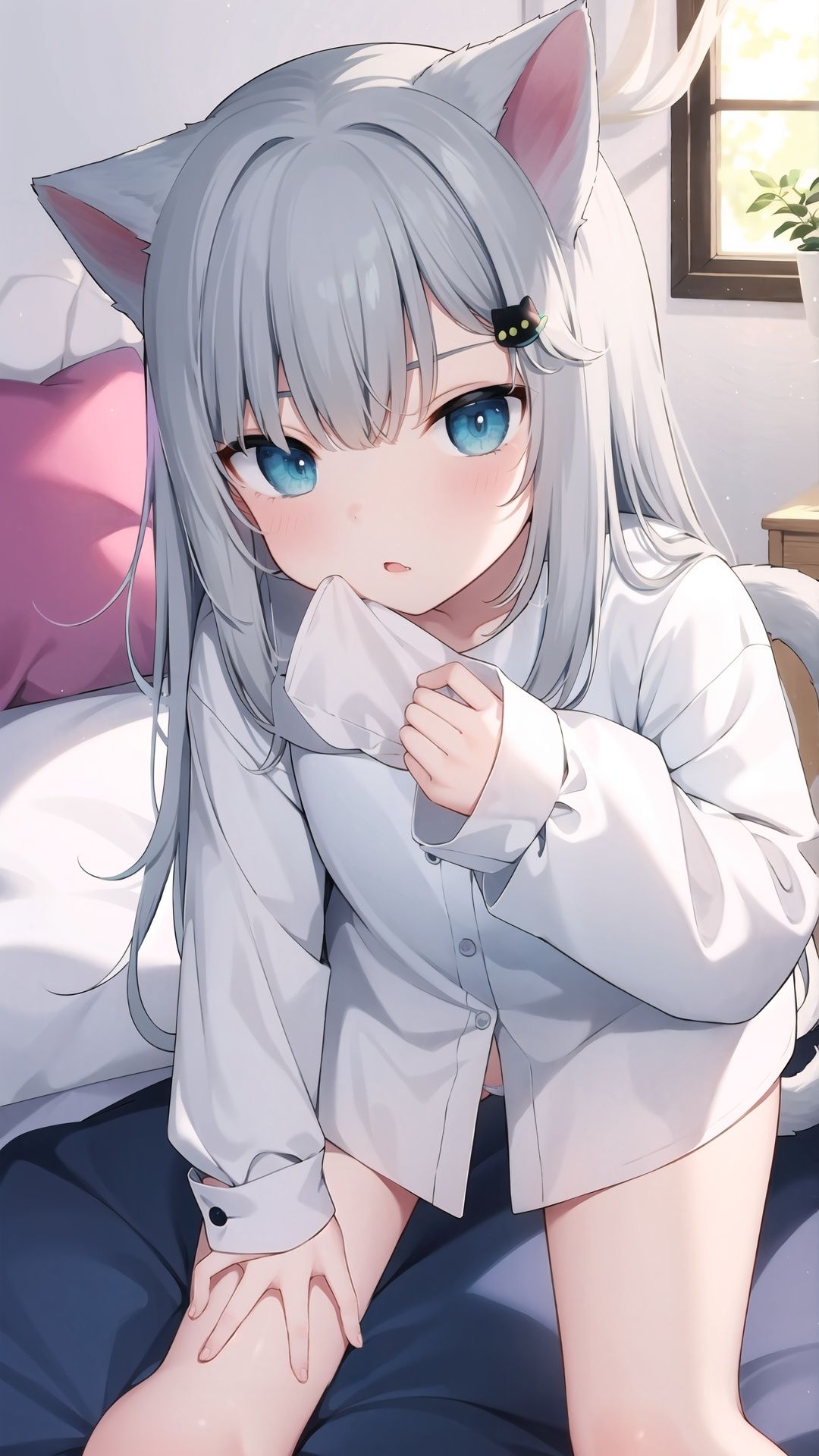 1girl, cat ears, animal ears, tail, cat tail, shirt, underwear, blue eyes, looking at viewer, grey hair, long hair, cat girl, sleeves past wrists, white shirt, long sleeves, bangs, parted lips, blush, all fours, bloomers, clock, solo, hair ornament, virtual youtuber, panties, sleeves past fingers, white panties, feet out of frame