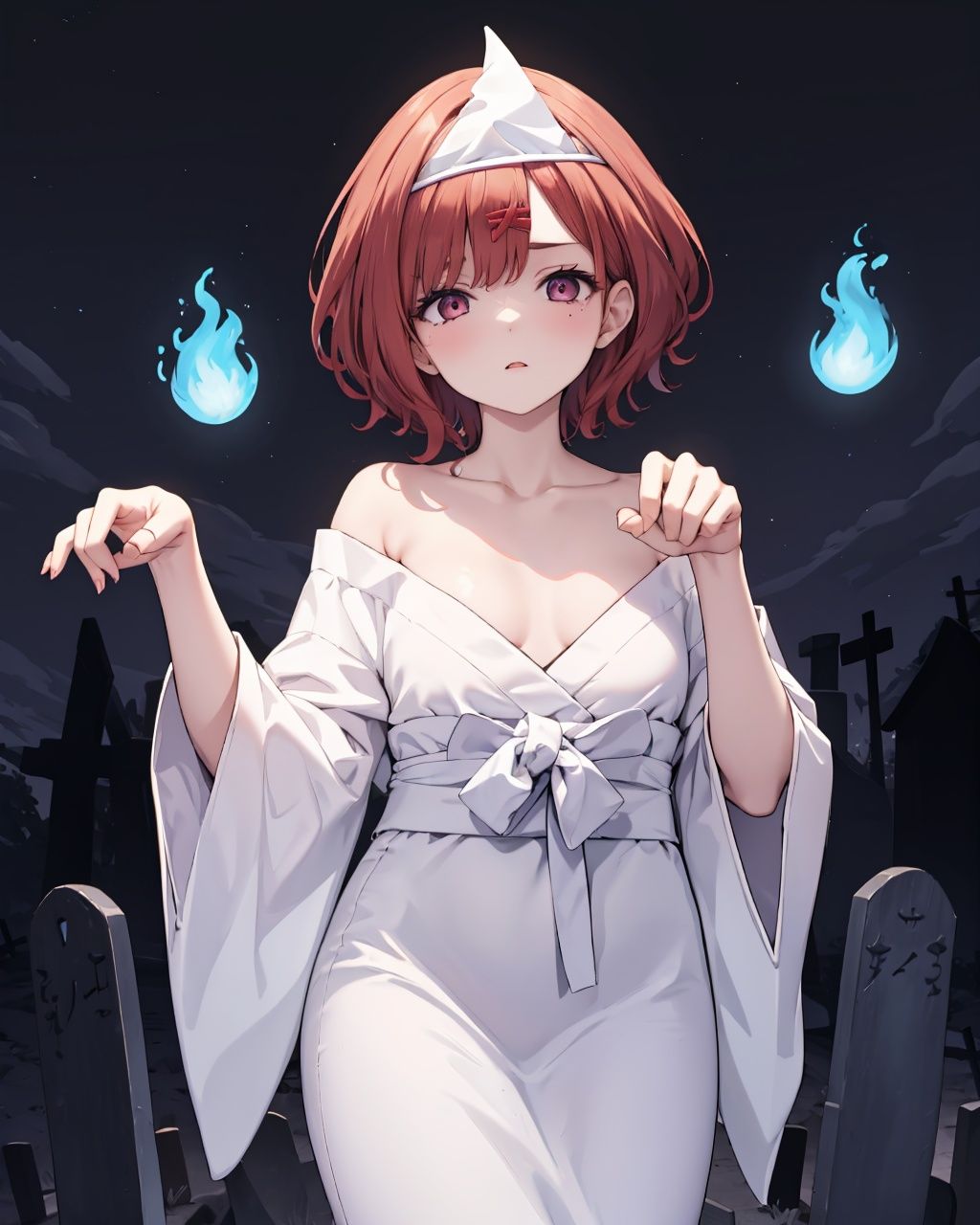 1girl,solo,small breasts, ghost costume, (hitodama), (triangular headpiece), ,<lora:japaneseGhostCostumeTriangularHeadpiece:1> , night, tombstone, graveyard,,, ghost, pale skin,, off shoulder, , <lora:char-madoka:1> , hands up, claw pose, ghost pose, cowboy shot,