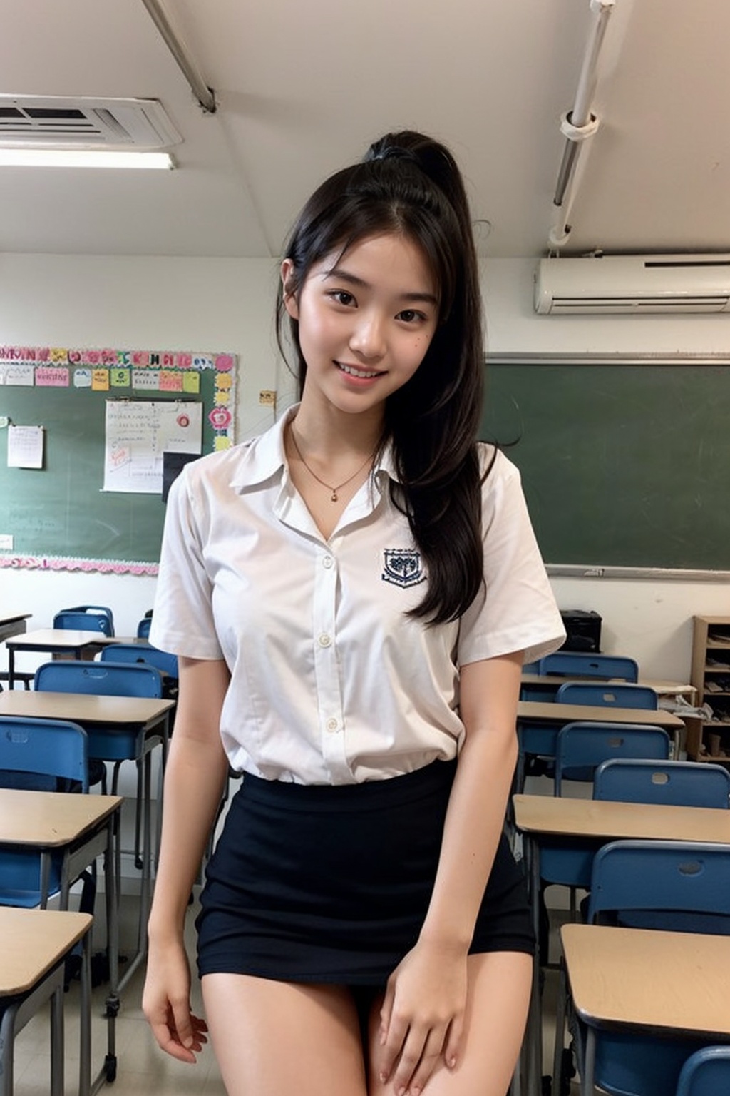 girl standing in school classroom,  sailor shirt,  micro mini skirt on Tensor.Art