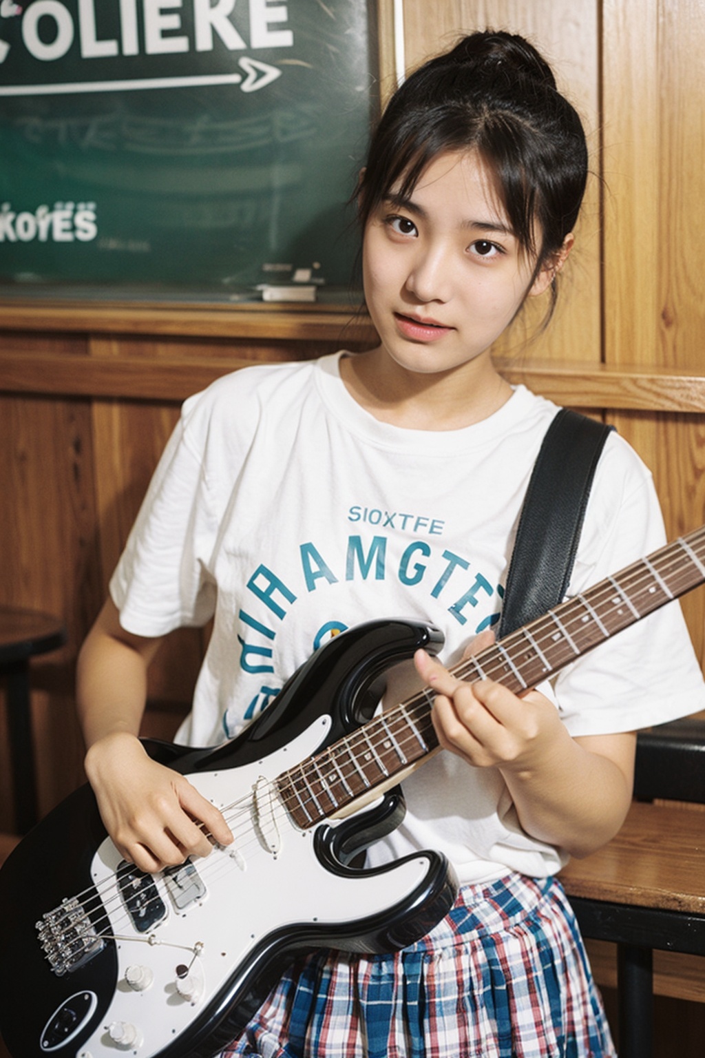 Electric guitar playing,  junior high school student with too big,  studying in a café on Tensor.Art