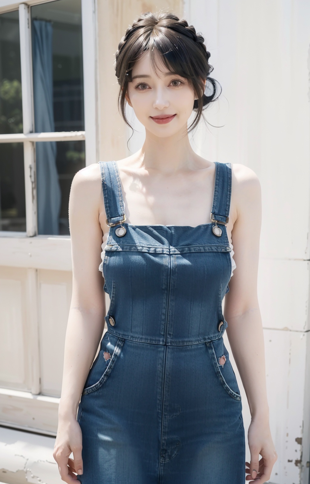 Jukujo,solo,photorealistic,ultra high res,(Random_hairstyle:1.6),(50 years old mature female:1.3),(short and black hair),huge breasts, detail eyes,detail skin,(pale_skin:1.4),smile,
(Denim overall sundress:1.4),milf