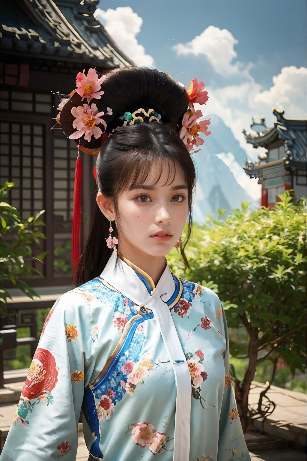  1 girl, black hair, brown eyes, chinese clothes, earrings, floral print, jewelry, lips, mole, photo \(medium\), realistic, solo, upper body, UHD, anatomically correct, best quality, 16k