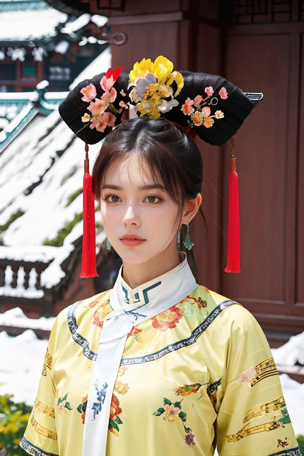  1 girl, black hair, brown eyes, chinese clothes, earrings, floral print, jewelry, lips, mole, photo \(medium\), realistic, solo, upper body, UHD, anatomically correct, best quality, 16k,Photo, real, Bust photo, A scene is divided into four seasons, It's winter in the mountains, It's spring down the mountain, Flowers, Green grass, professional photography, 25 years old, Sea, blue sky, Baiyun, High mountains, Snow Mountain, high definition, perfect, best quality, 16k