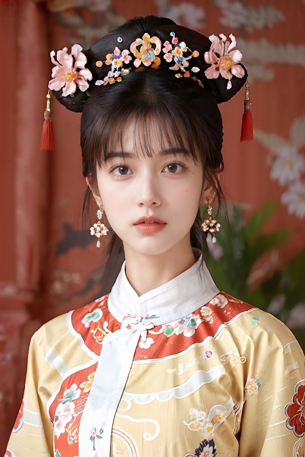  real, Photo, masterpiece, The best quality, 1 girl, black hair, brown eyes, chinese clothes, earrings, floral print, jewelry, lips, mole, photo \(medium\), realistic, solo, upper body, UHD, anatomically correct, best quality, 16k