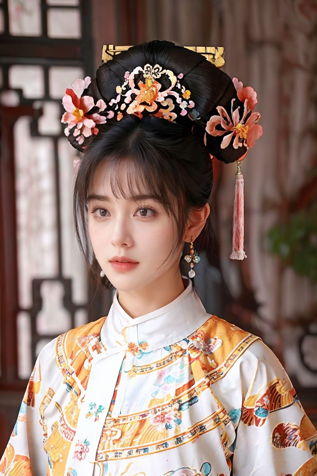real, Photo, masterpiece, The best quality, 1 girl, black hair, brown eyes, chinese clothes, earrings, floral print, jewelry, lips, mole, photo \(medium\), realistic, solo, upper body, UHD, anatomically correct, best quality, 16k