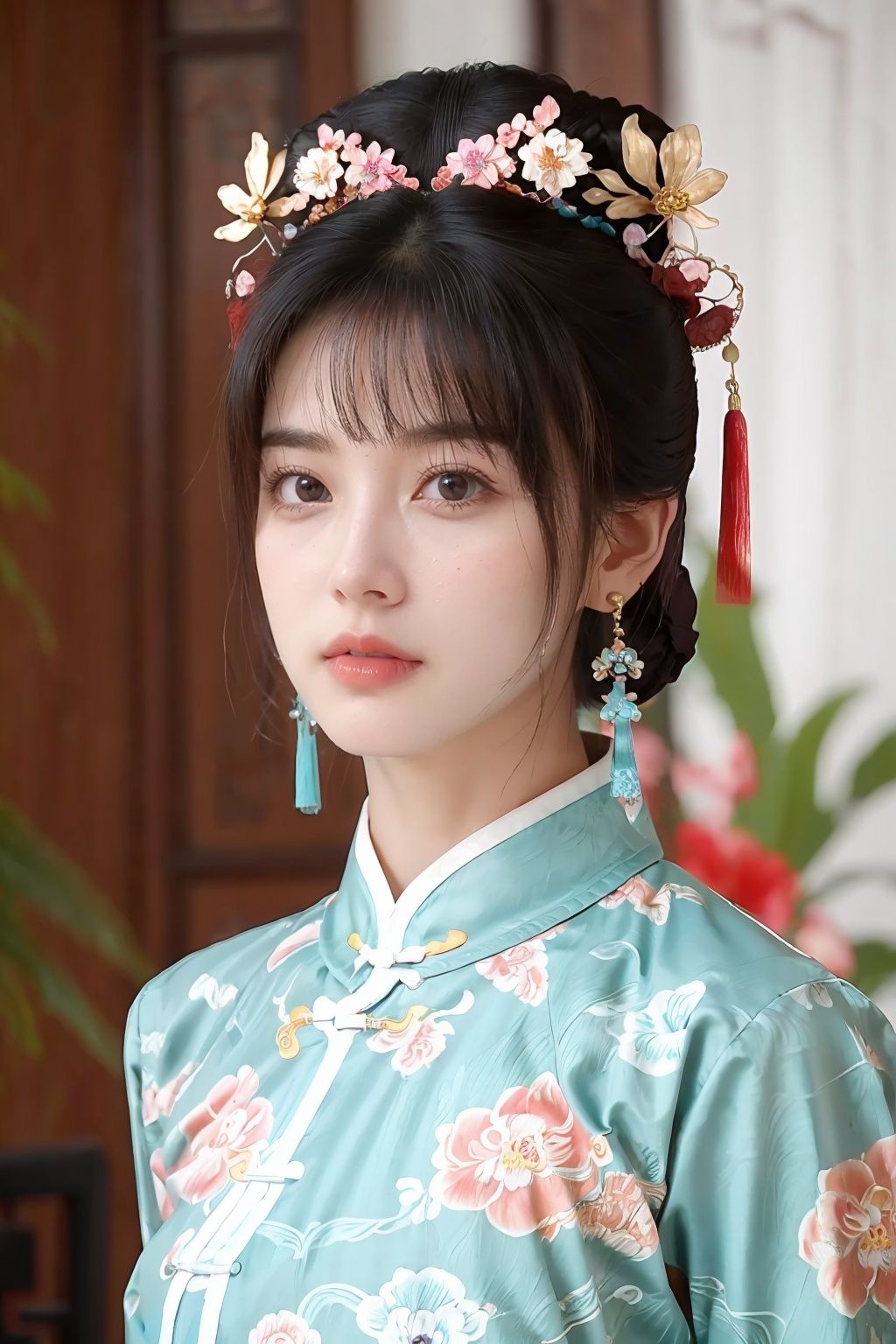  real, Photo, masterpiece, The best quality, 1 girl, black hair, brown eyes, chinese clothes, earrings, floral print, jewelry, lips, mole, photo \(medium\), realistic, solo, upper body, UHD, anatomically correct, best quality, 16k