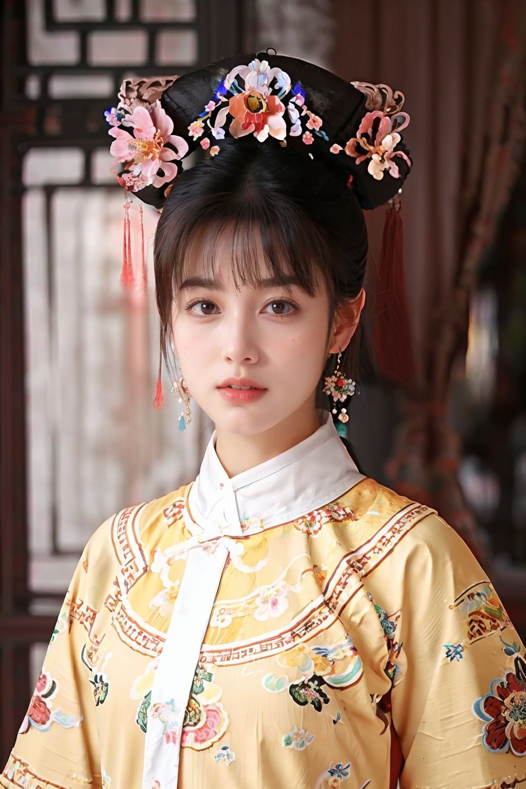 real, Photo, masterpiece, The best quality, 1 girl, black hair, brown eyes, chinese clothes, earrings, floral print, jewelry, lips, mole, photo \(medium\), realistic, solo, upper body, UHD, anatomically correct, best quality, 16k