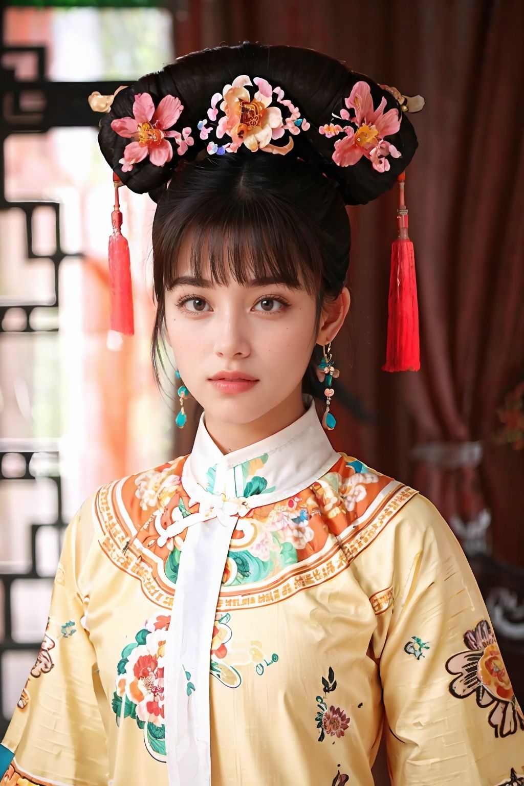  1 girl, black hair, brown eyes, chinese clothes, earrings, floral print, jewelry, lips, mole, photo \(medium\), realistic, solo, upper body, UHD, anatomically correct, best quality, 16k