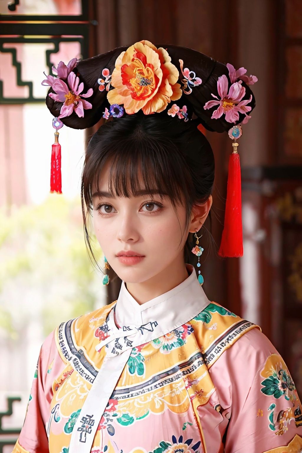  1 girl, black hair, brown eyes, chinese clothes, earrings, floral print, jewelry, lips, mole, photo \(medium\), realistic, solo, upper body, UHD, anatomically correct, best quality, 16k