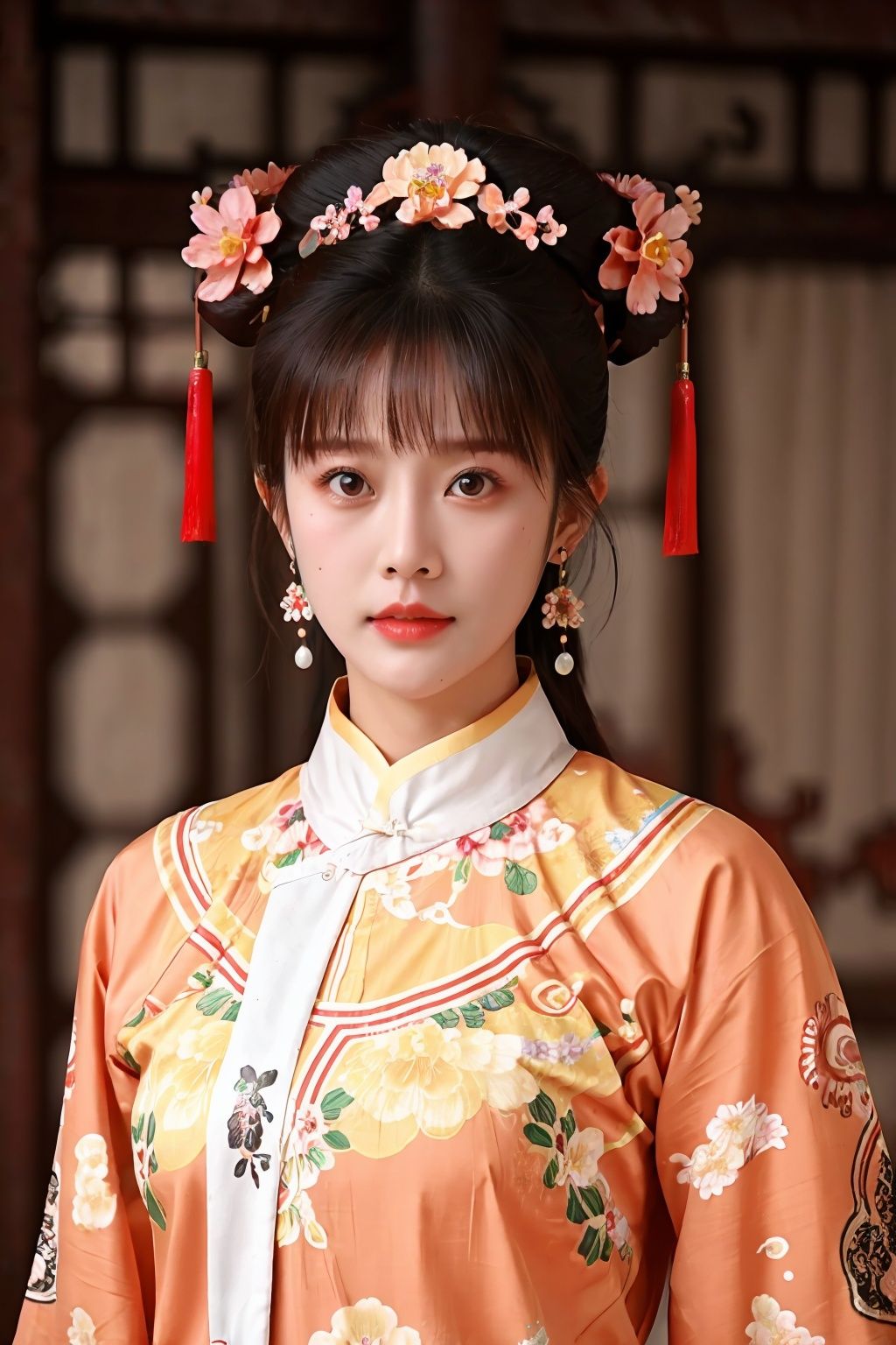  1 girl, black hair, brown eyes, chinese clothes, earrings, floral print, jewelry, lips, mole, photo \(medium\), realistic, solo, upper body, UHD, anatomically correct, best quality, 16k