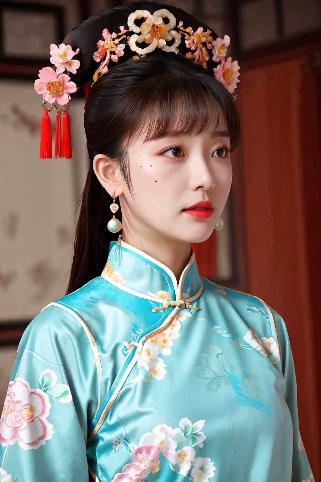  1 girl, black hair, brown eyes, chinese clothes, earrings, floral print, jewelry, lips, mole, photo \(medium\), realistic, solo, upper body, UHD, anatomically correct, best quality, 16k