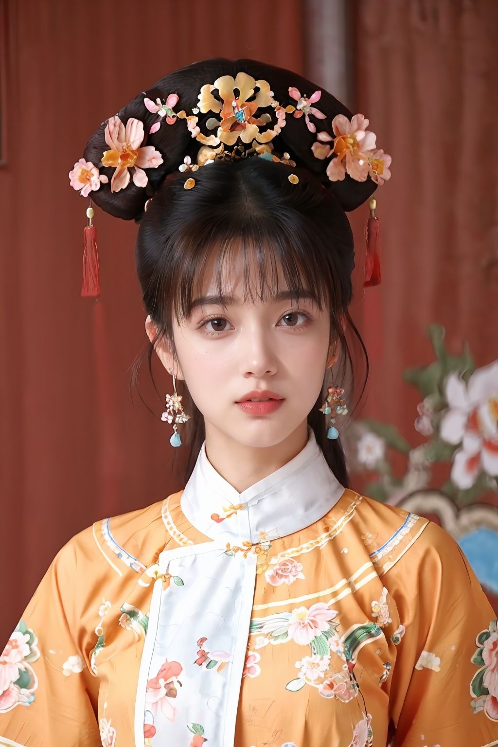  real, Photo, masterpiece, The best quality, 1 girl, black hair, brown eyes, chinese clothes, earrings, floral print, jewelry, lips, mole, photo \(medium\), realistic, solo, upper body, UHD, anatomically correct, best quality, 16k