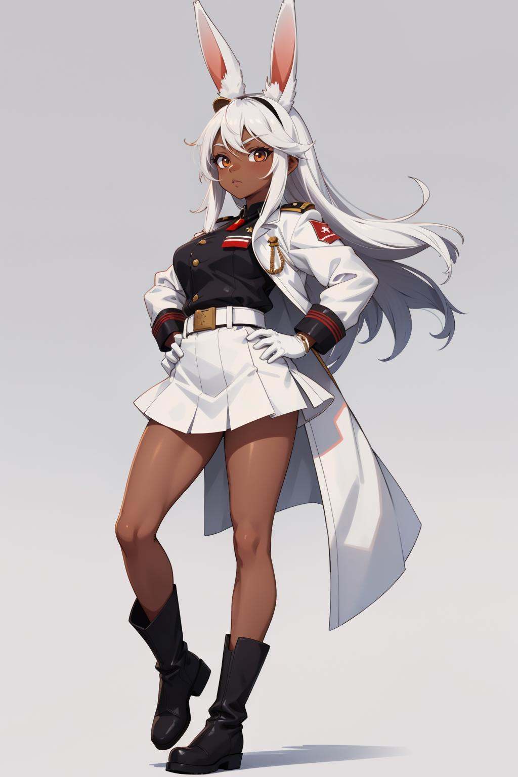 1girl, rabbit ears, rabbit girl, red eyes, dark-skinned female,dark skin,animal ears, white hair, white military uniform, white skirt, belt, hand on hip, gloves, boots