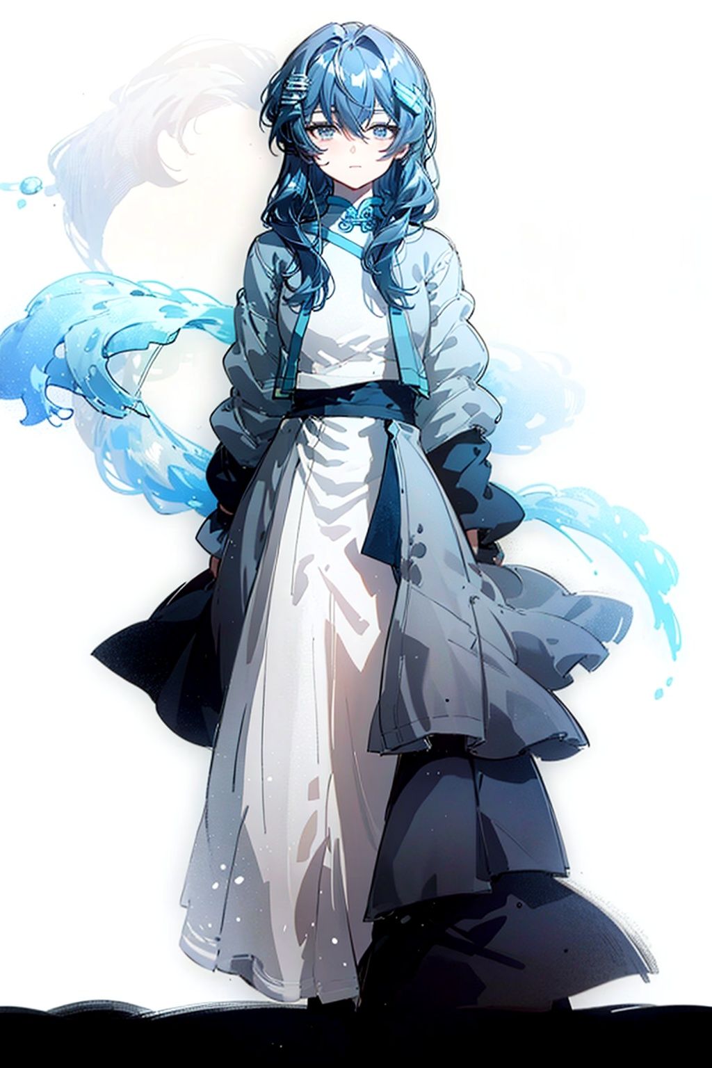 (masterpiece:1.3),(the best quality:1.2),(super fine illustrations:1.2),(Masterpiece),high quality,high detail,(white background:1.2),looking at viewer,(SOLO:1.4),outline,simplebackground,, chinese clothes,long sleeves,jacket,bangs,long_hair,hair_between_eyes,shiny_hair,hair between eyes,blue eyes,